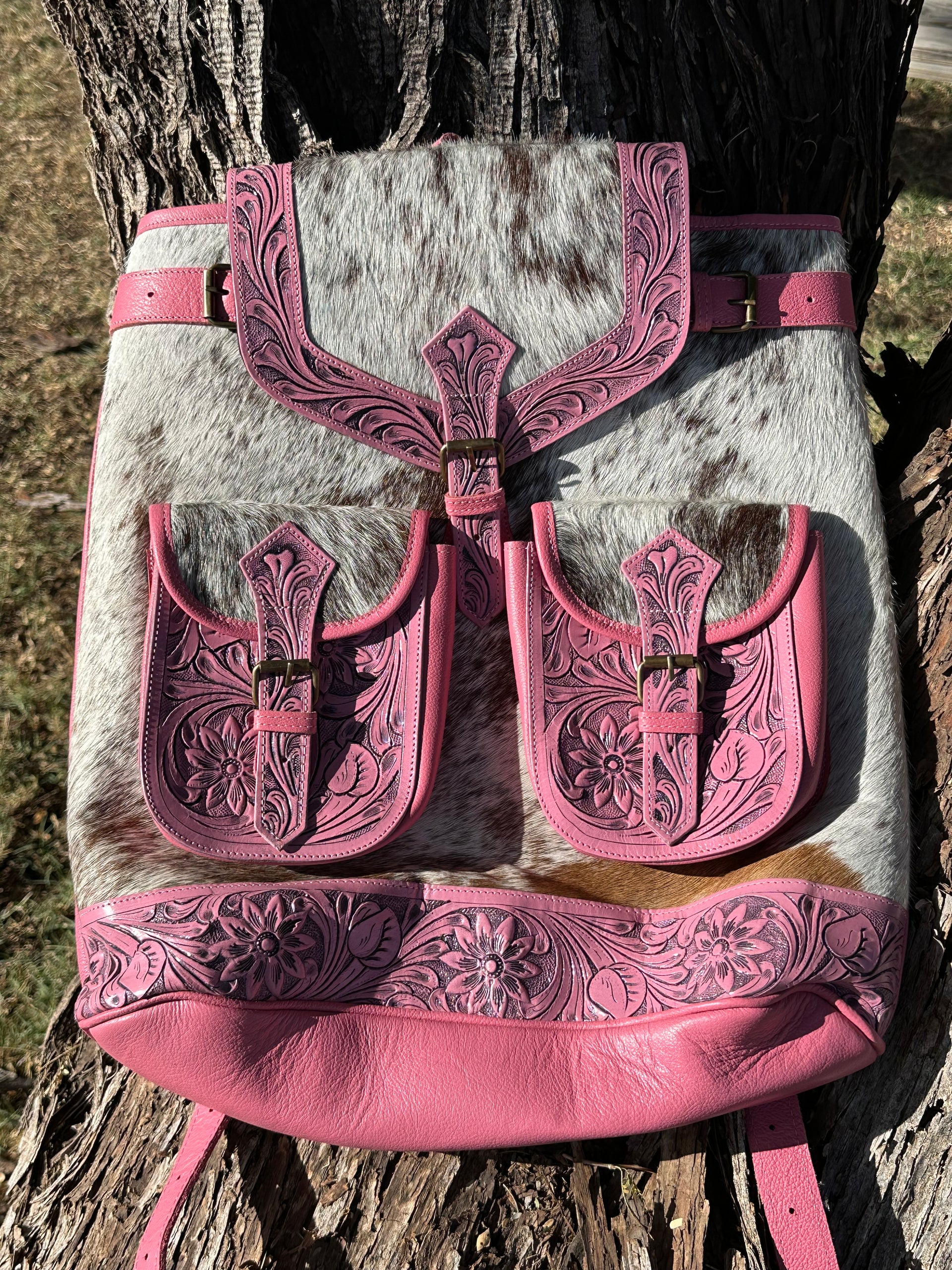 Genuine Tooled Leather Cowhide Back Pack/Diaper Bag