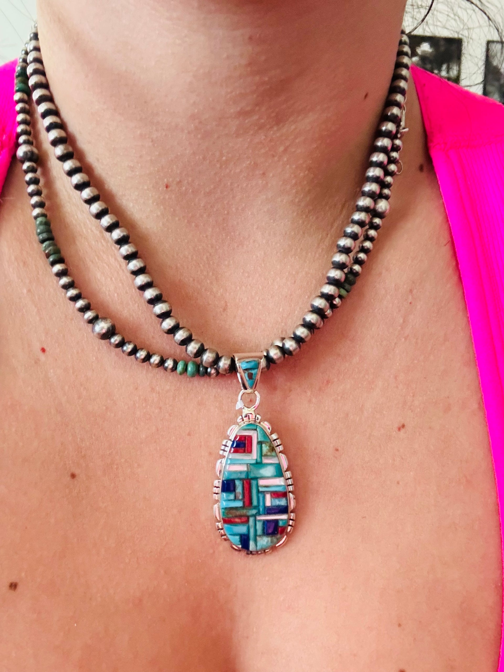 Southwest Multi Stone & Sterling Silver Cobblestone Pendant