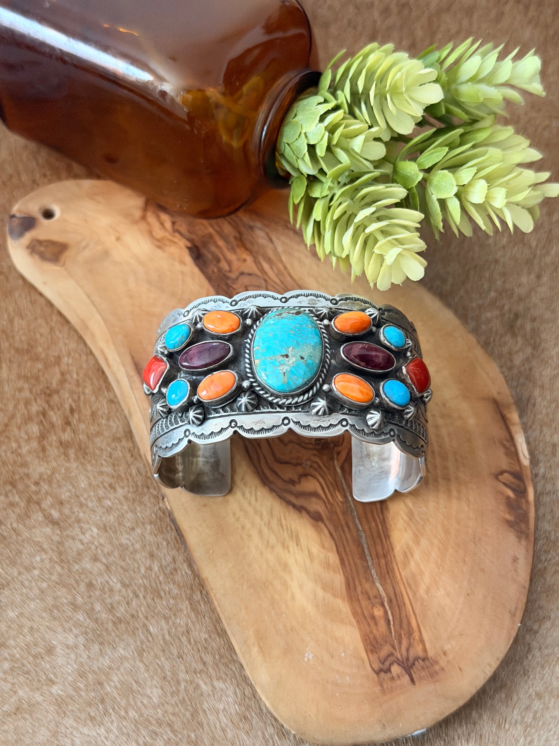 Leroy James Multi Stone & Sterling Silver Cluster Cuff Bracelet