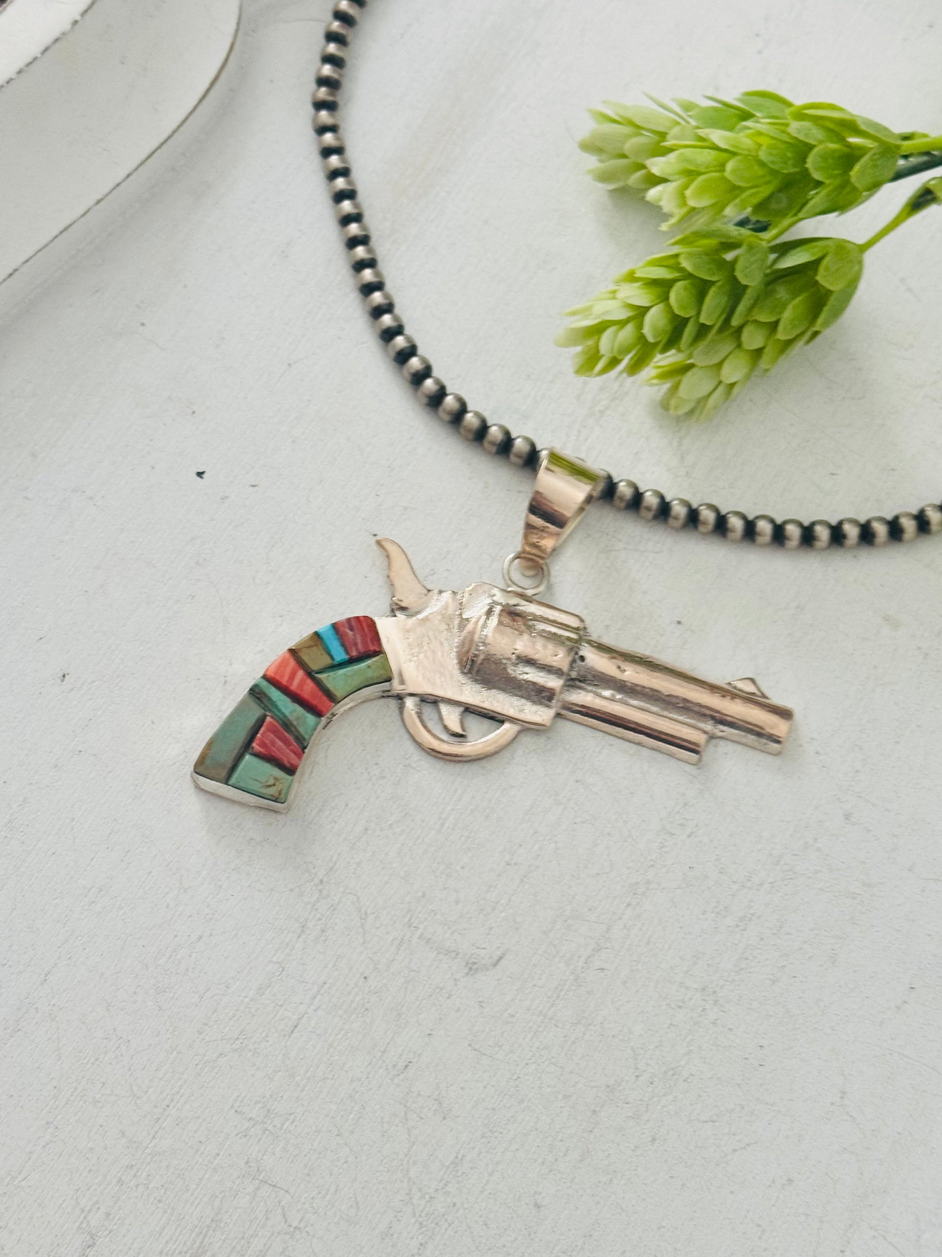 Bobby Mannelito Multi Stone & Sterling Silver Pistol Pendant