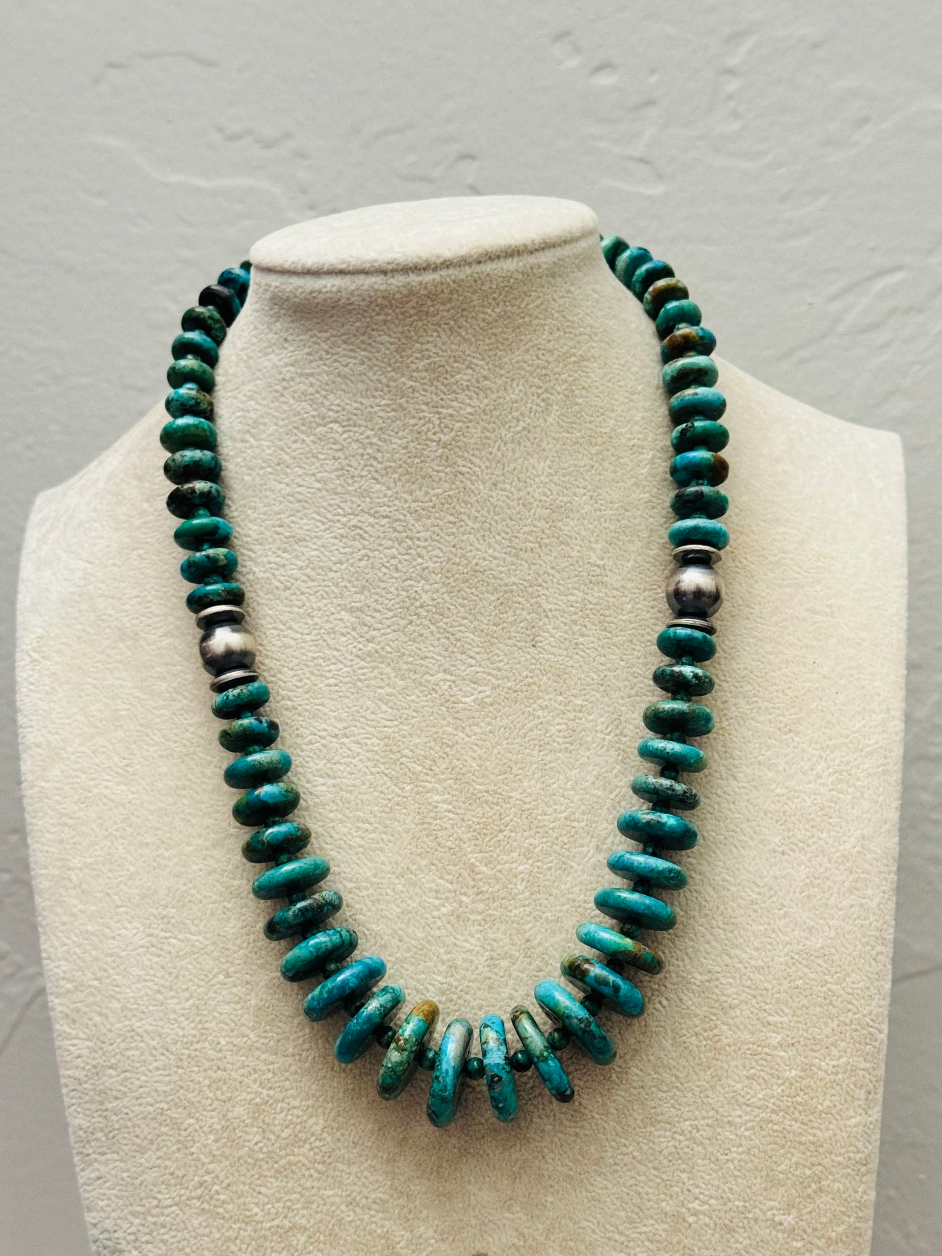 Navajo Strung Kingman Turquoise & Sterling Silver Graduated Beaded Pearl Necklace