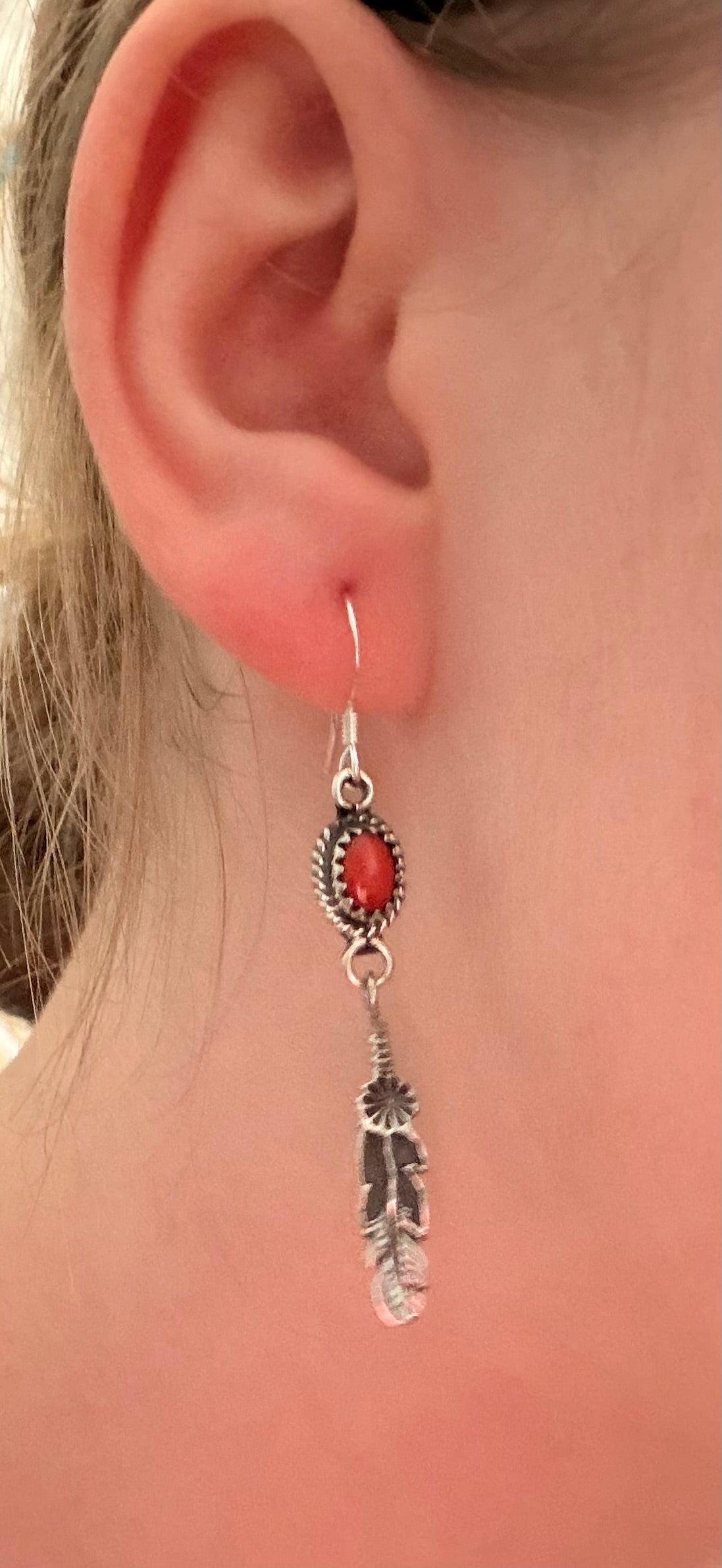 Navajo Made Red Coral & Sterling Silver Dangle Feather Earrings