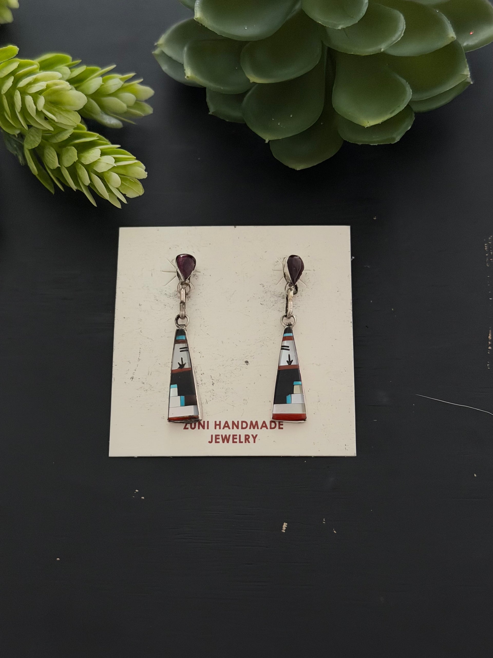 Zuni Made Multi Stone & Sterling Silver Post Dangle Earrings