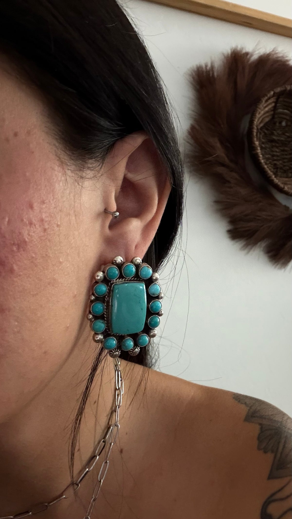 Zachariah David Kingman Turquoise & Sterling Silver Post Dangle Cluster Earrings