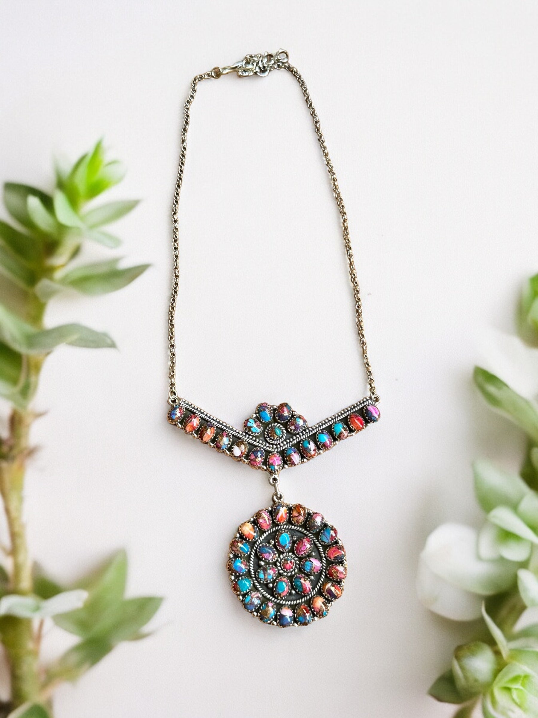 Southwest Handmade Mohave Turquoise & Sterling Silver Cluster Necklace