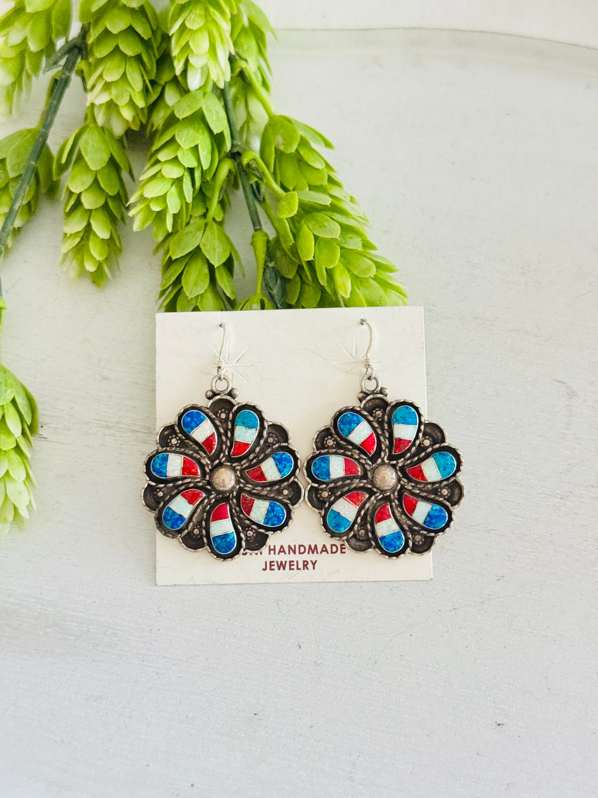 Zuni Made Opal (Man Made) & Sterling Silver Dangle Earrings