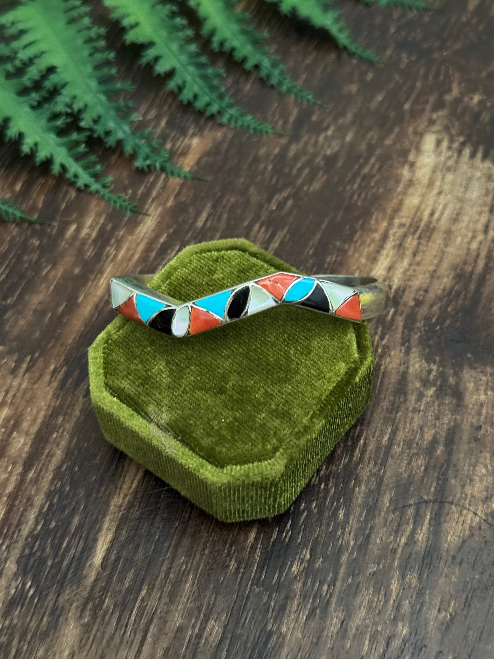 Zuni Made Multi Stone & Sterling Silver Inlay Cuff Bracelet