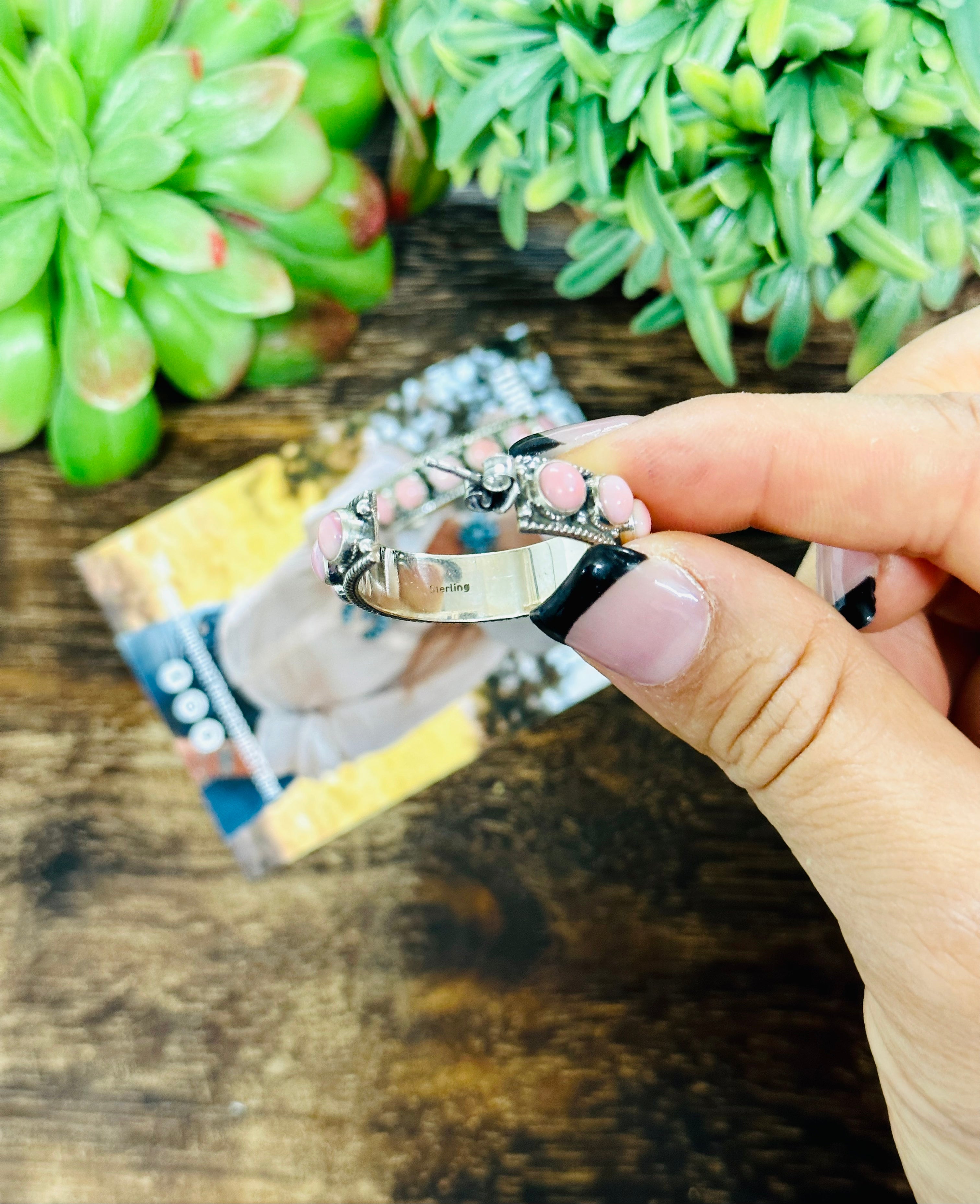 Navajo Made Pink Conch & Sterling Silver Hoop Earrings