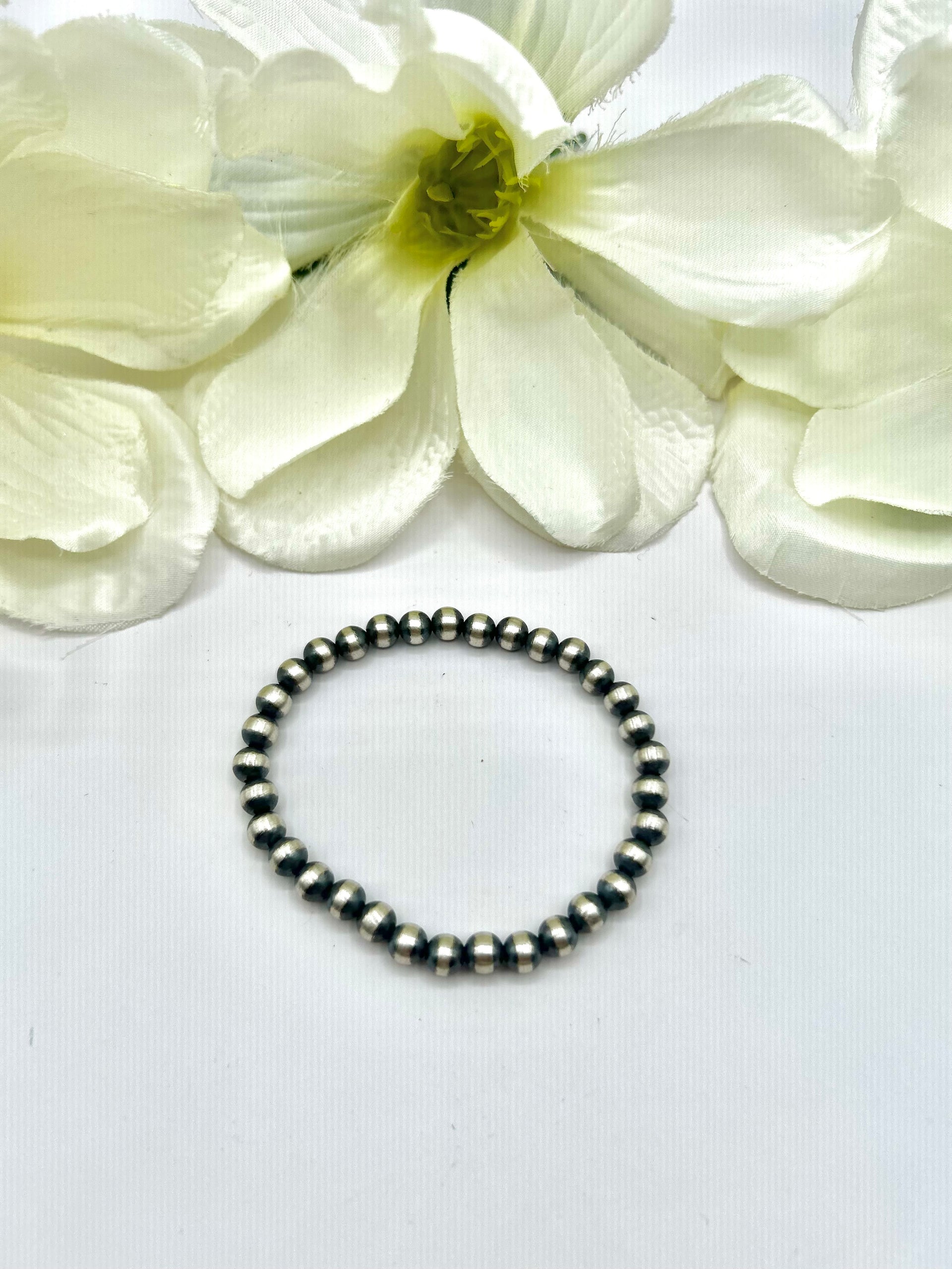 Navajo Made 6 MM Sterling Silver Strung Stretchy Bracelet