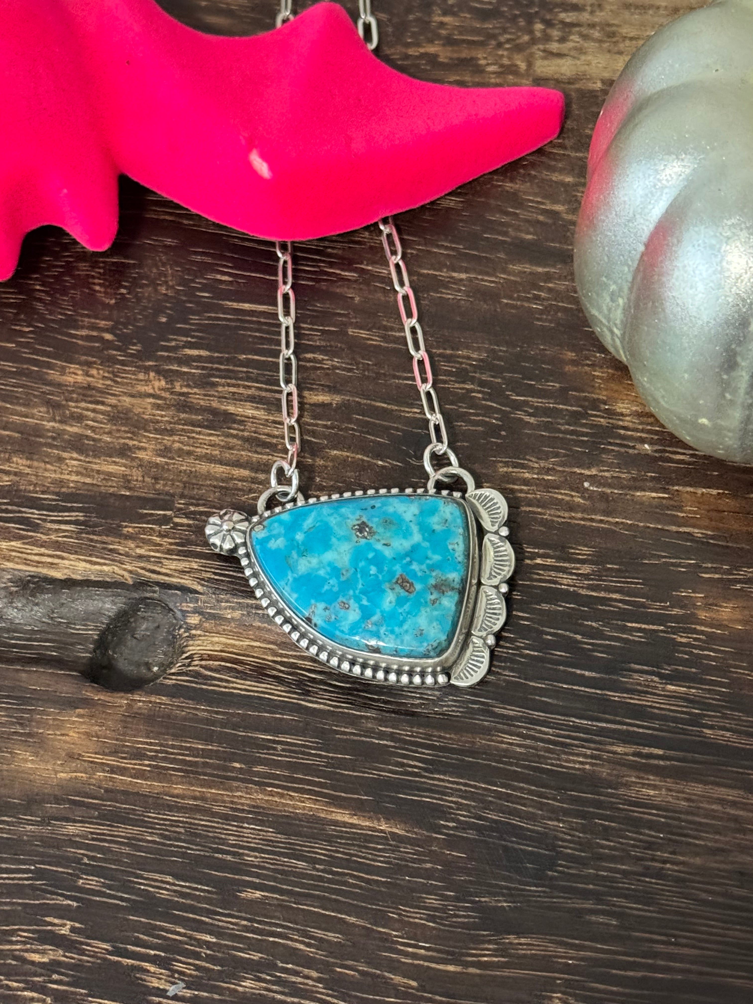 Navajo Made Kingman Turquoise & Sterling Silver Necklace