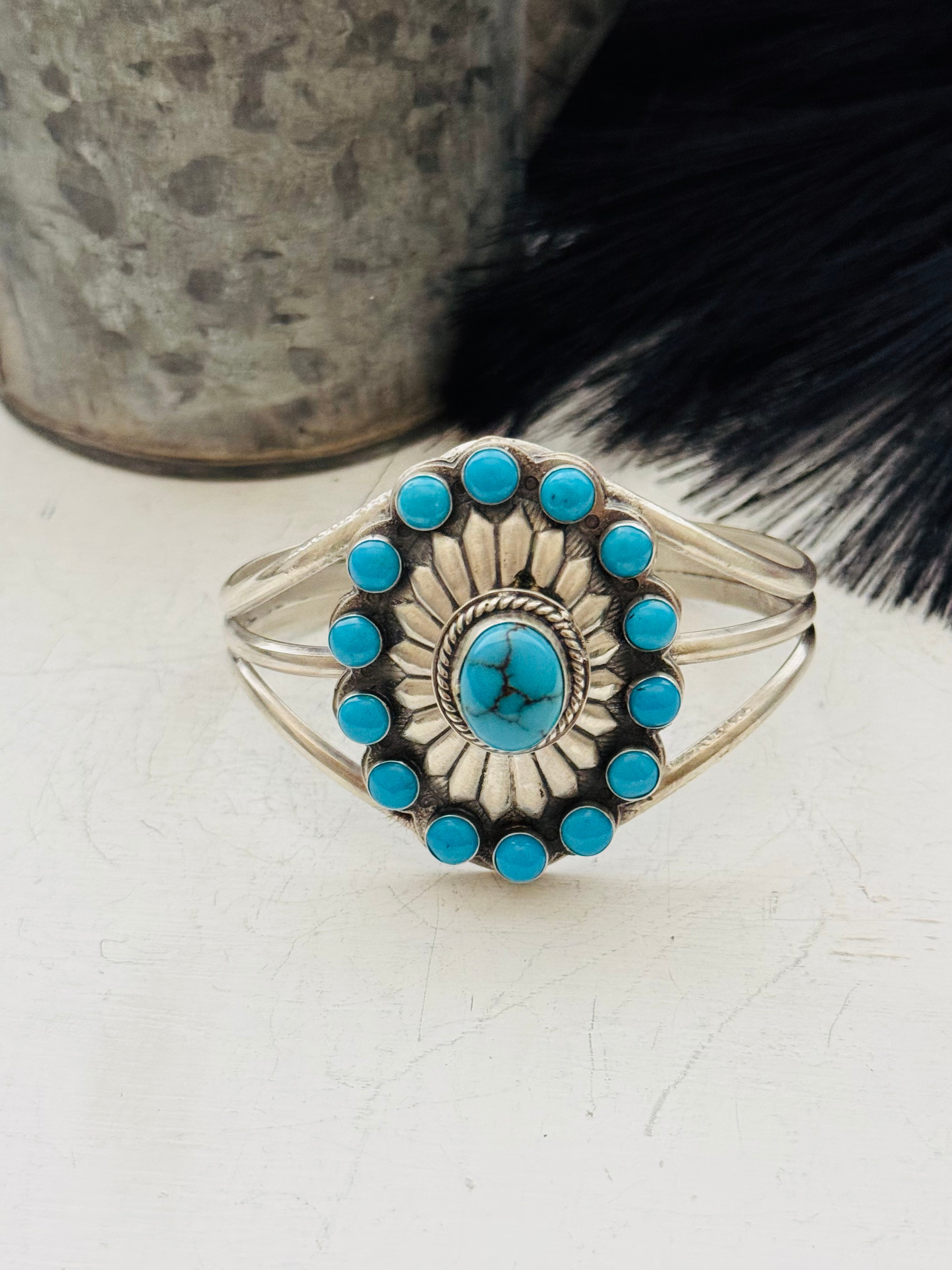 Steven Nez Multi Turquoise & Sterling Silver Concho Cuff Bracelet