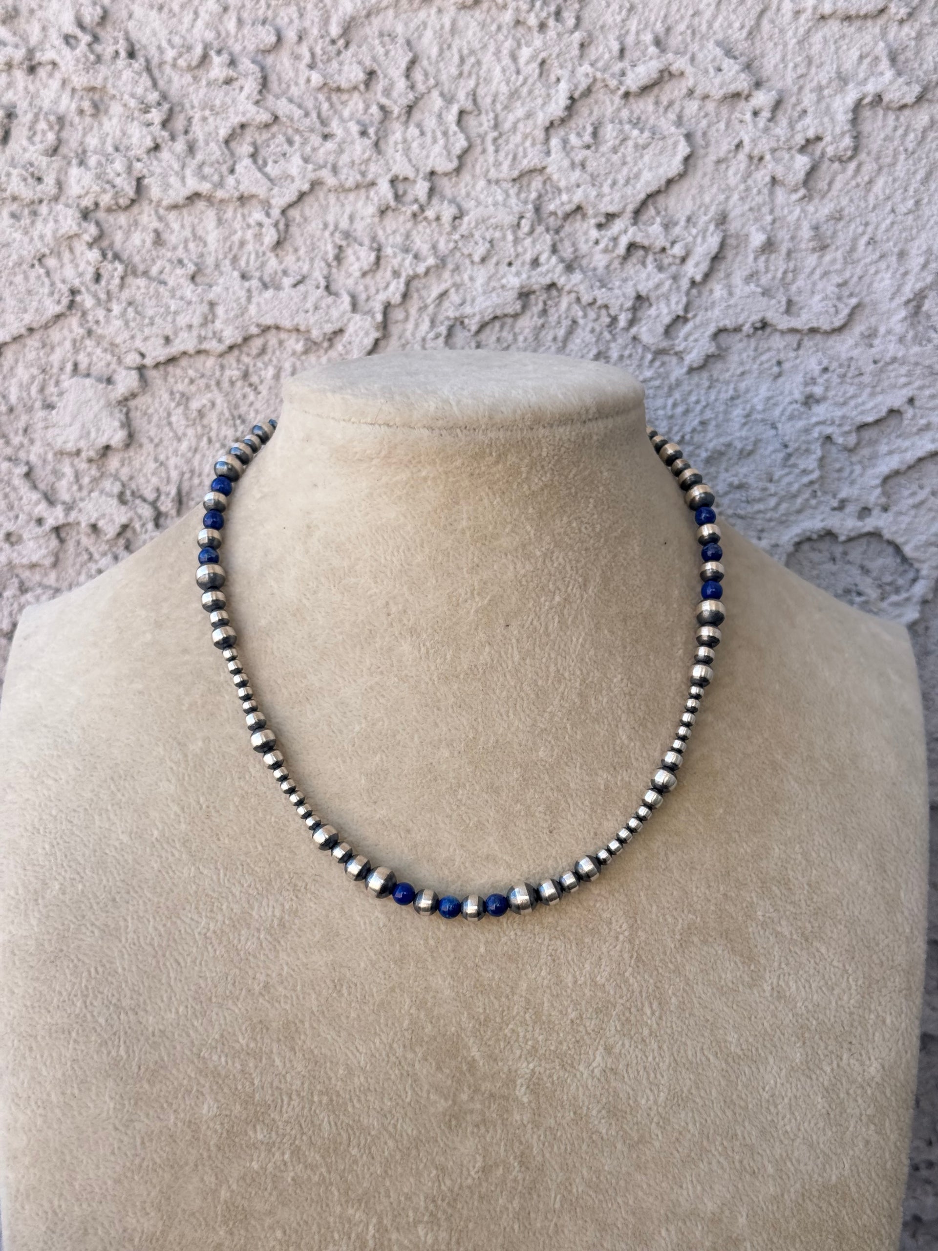 Navajo Strung Lapis & Sterling Silver Graduated Pearl Necklace