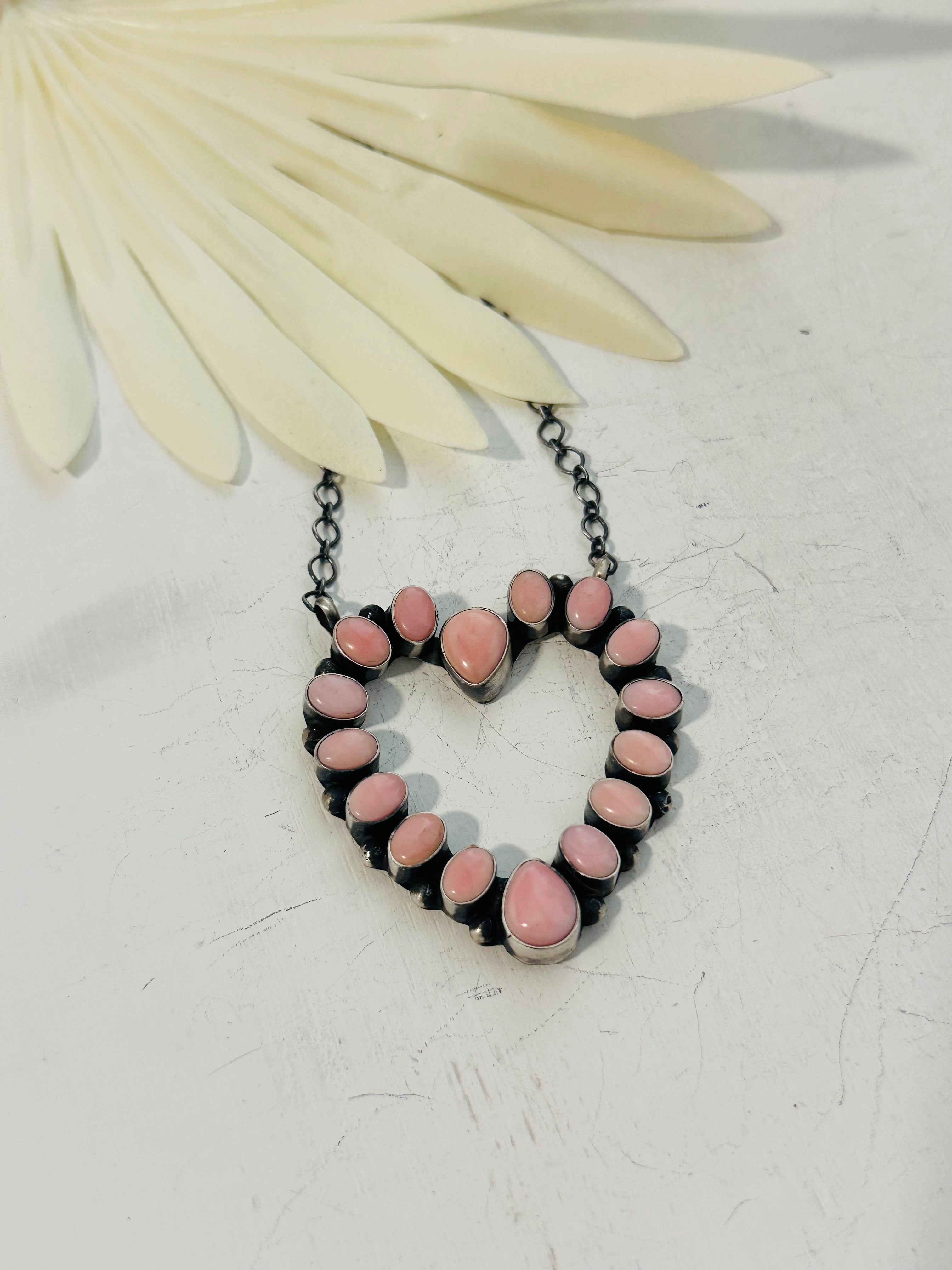 Navajo Made Pink Conch & Sterling Silver Heart Necklace