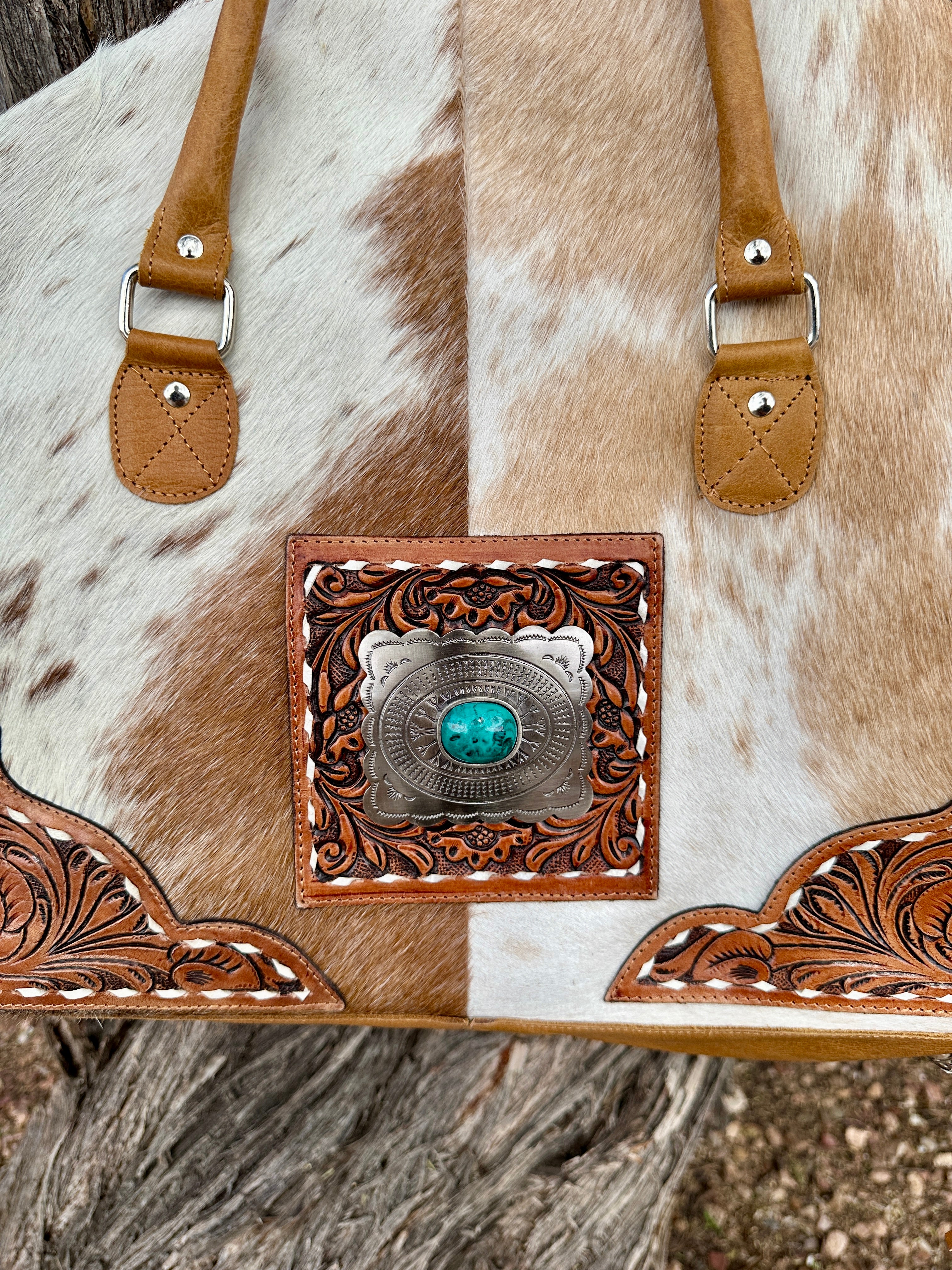 Genuine Tooled Leather & Cowhide Fringe Travel Purse