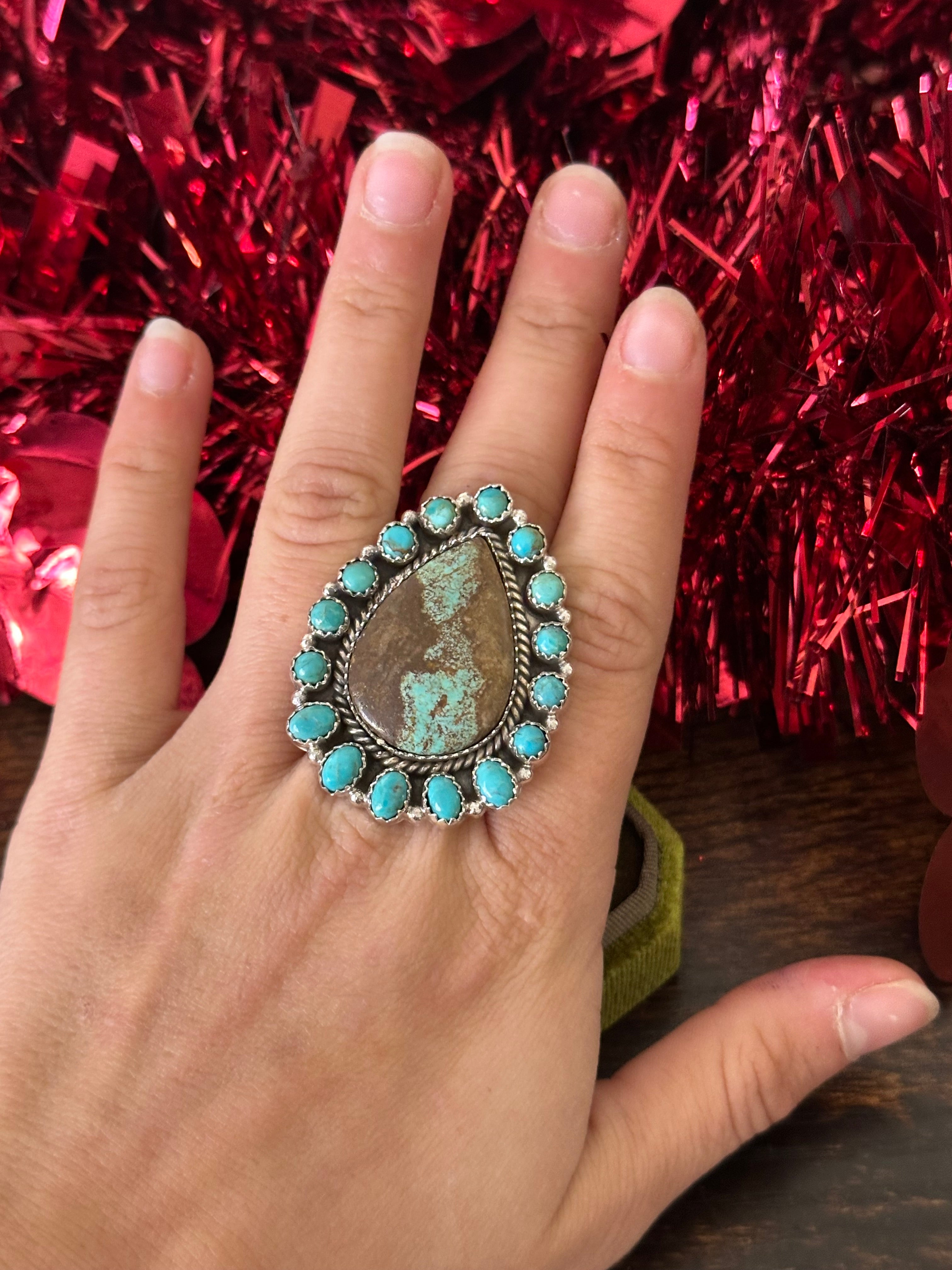 Southwest Handmade Multi Turquoise & Sterling Silver Cluster Adjustable Ring