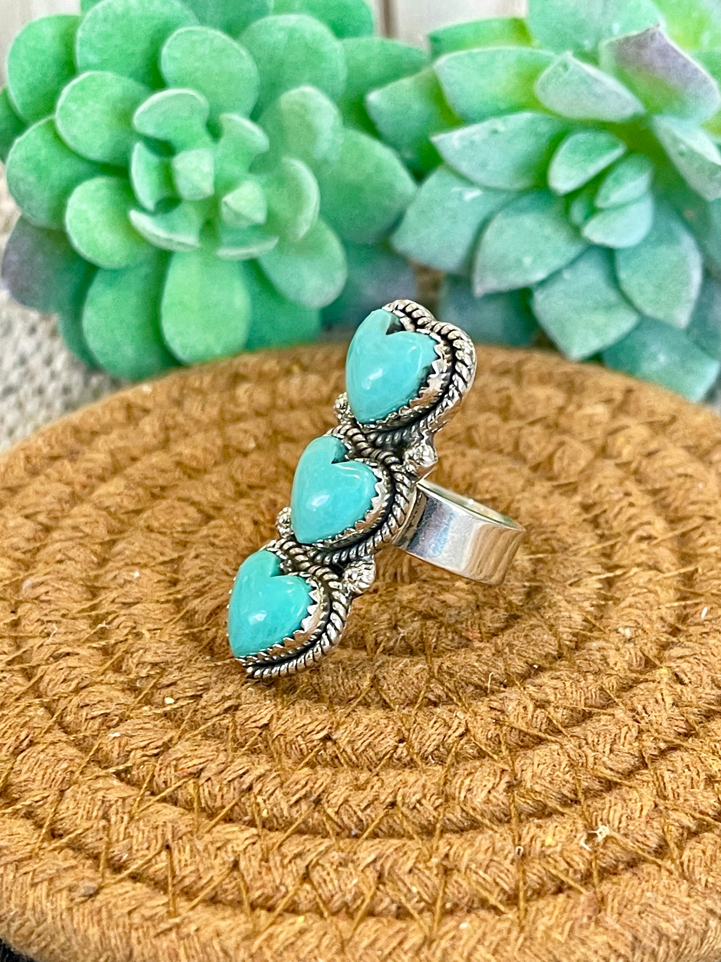 Southwest Handmade Kingman Turquoise & Sterling Silver Adjustable 3 Stone Heart  Ring