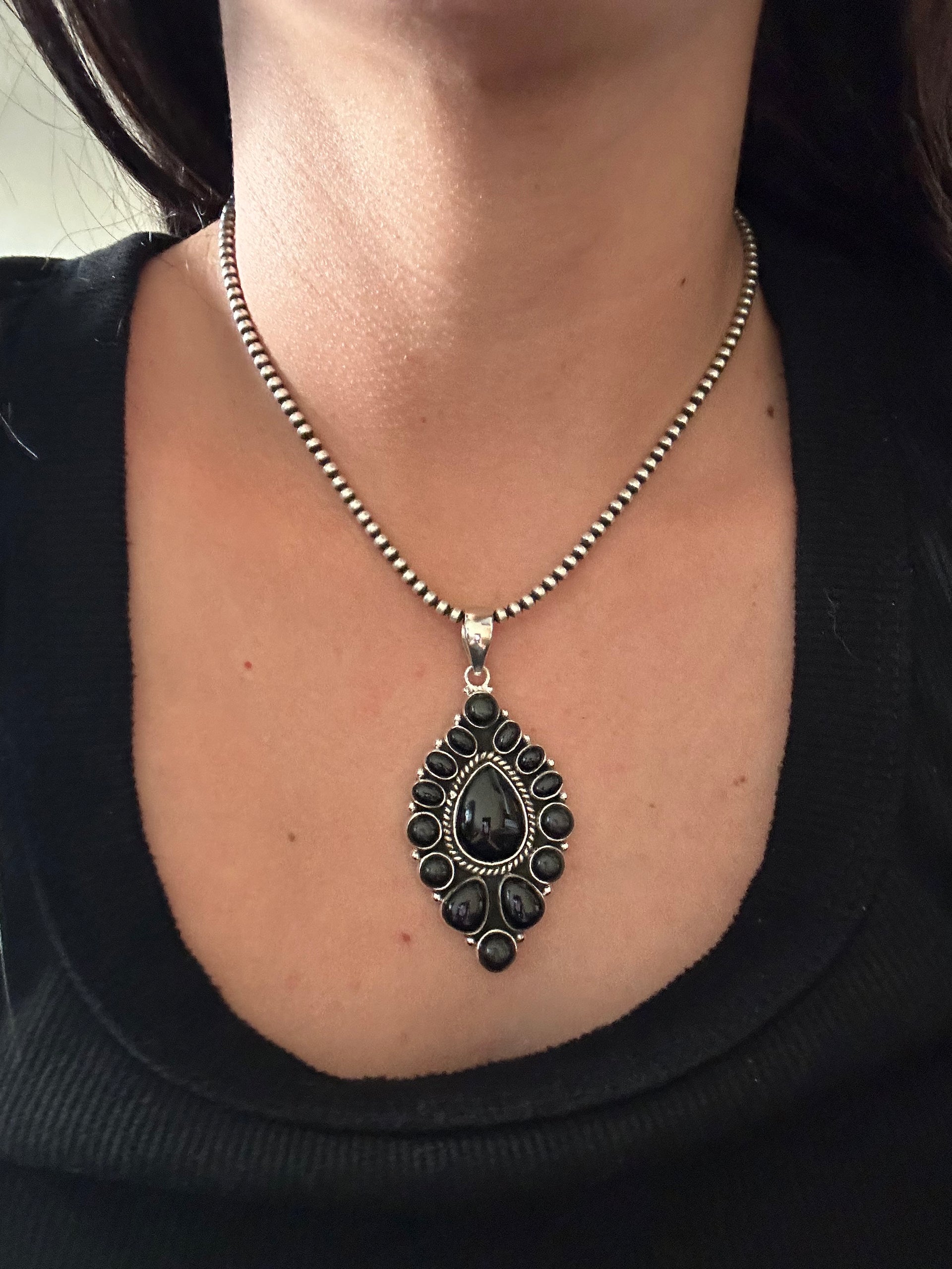 Southwest Handmade Onyx & Sterling Silver Cluster Pendant