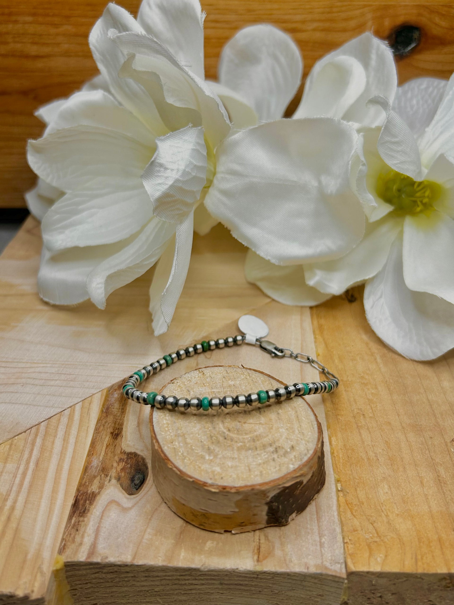 Navajo Made Kingman Turquoise & Sterling Silver Strung Bracelet
