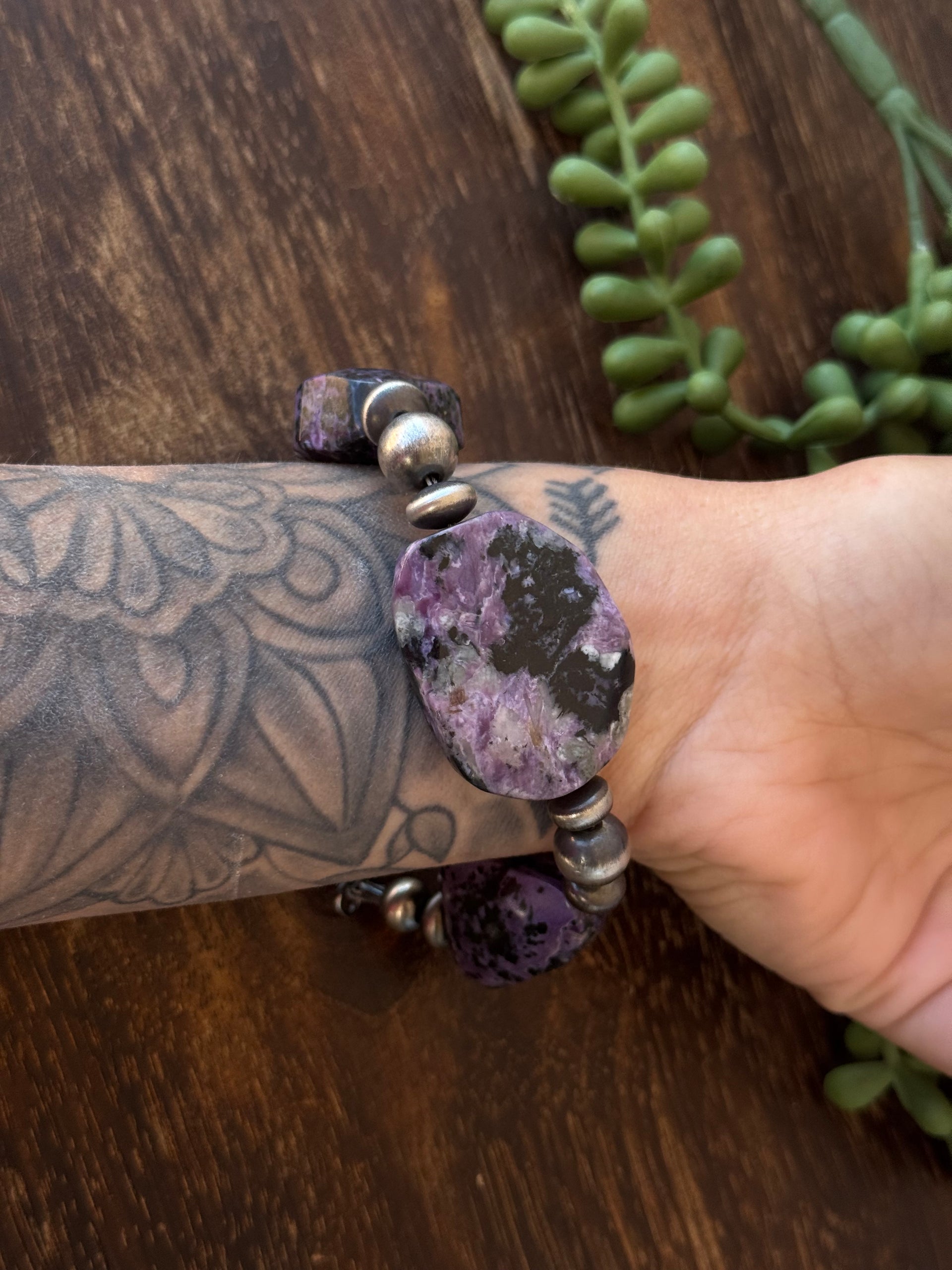 Navajo Strung Charoite & Sterling Silver Pearl Bracelet