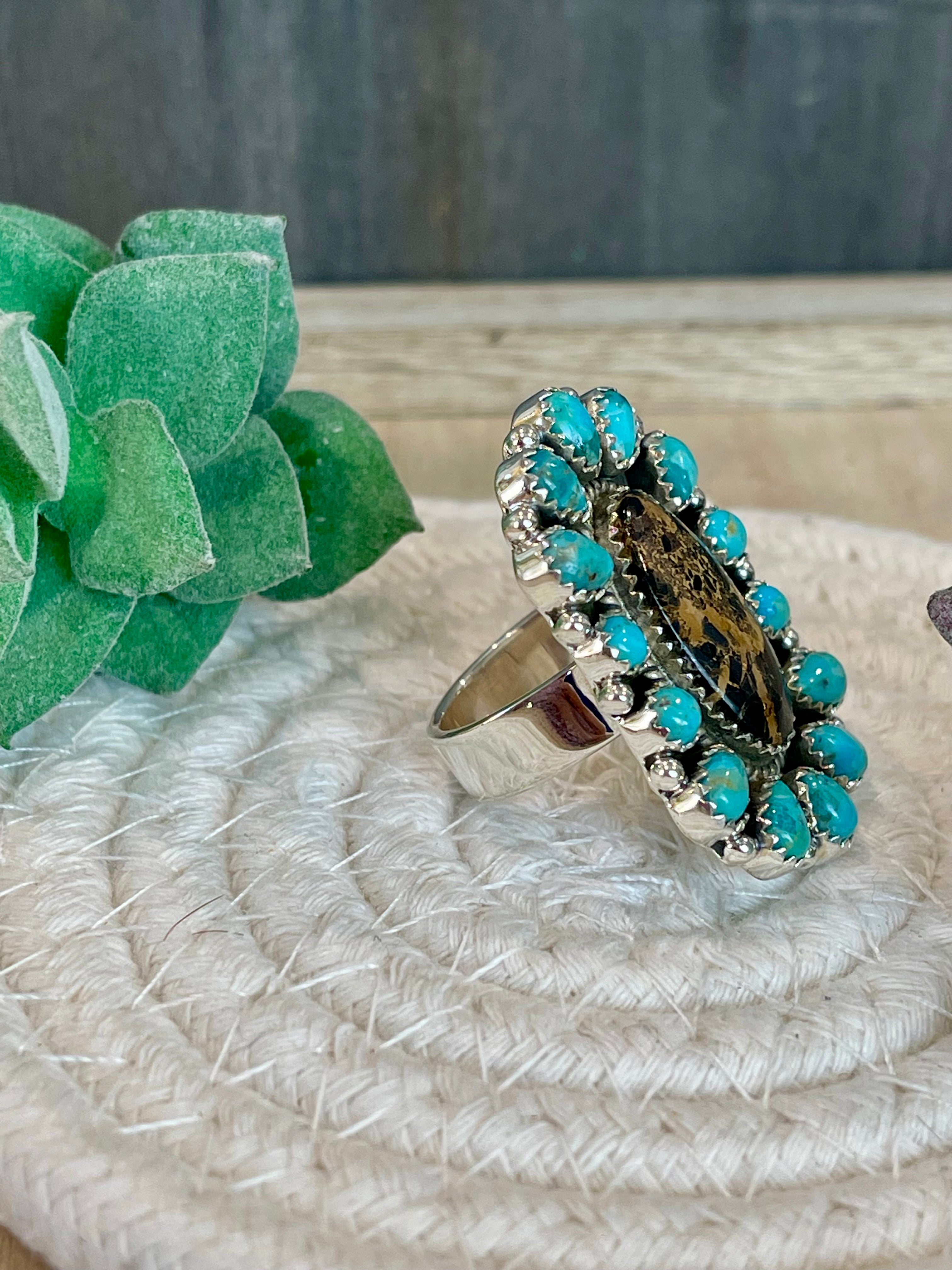 Southwest Handmade BlackJack Turquoise And Kingman Turquoise & Sterling Silver Adjustable Ring