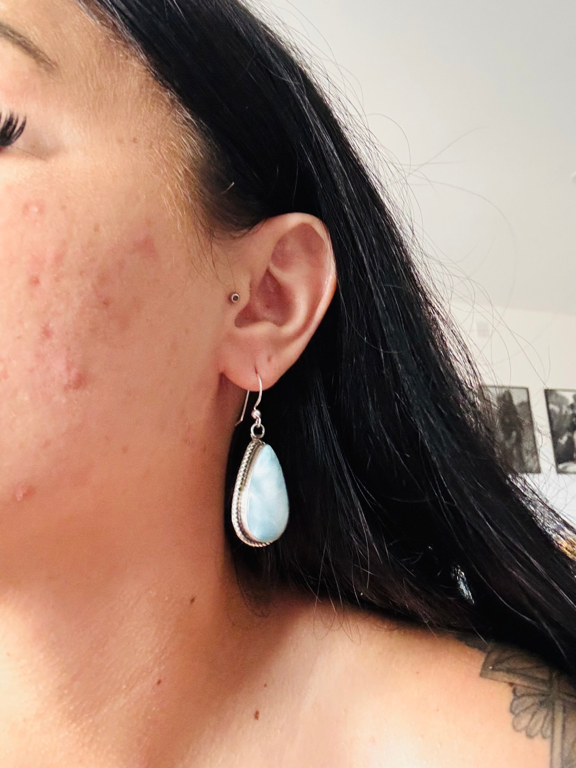 Navajo Made Larimar & Sterling Silver Dangle Earrings