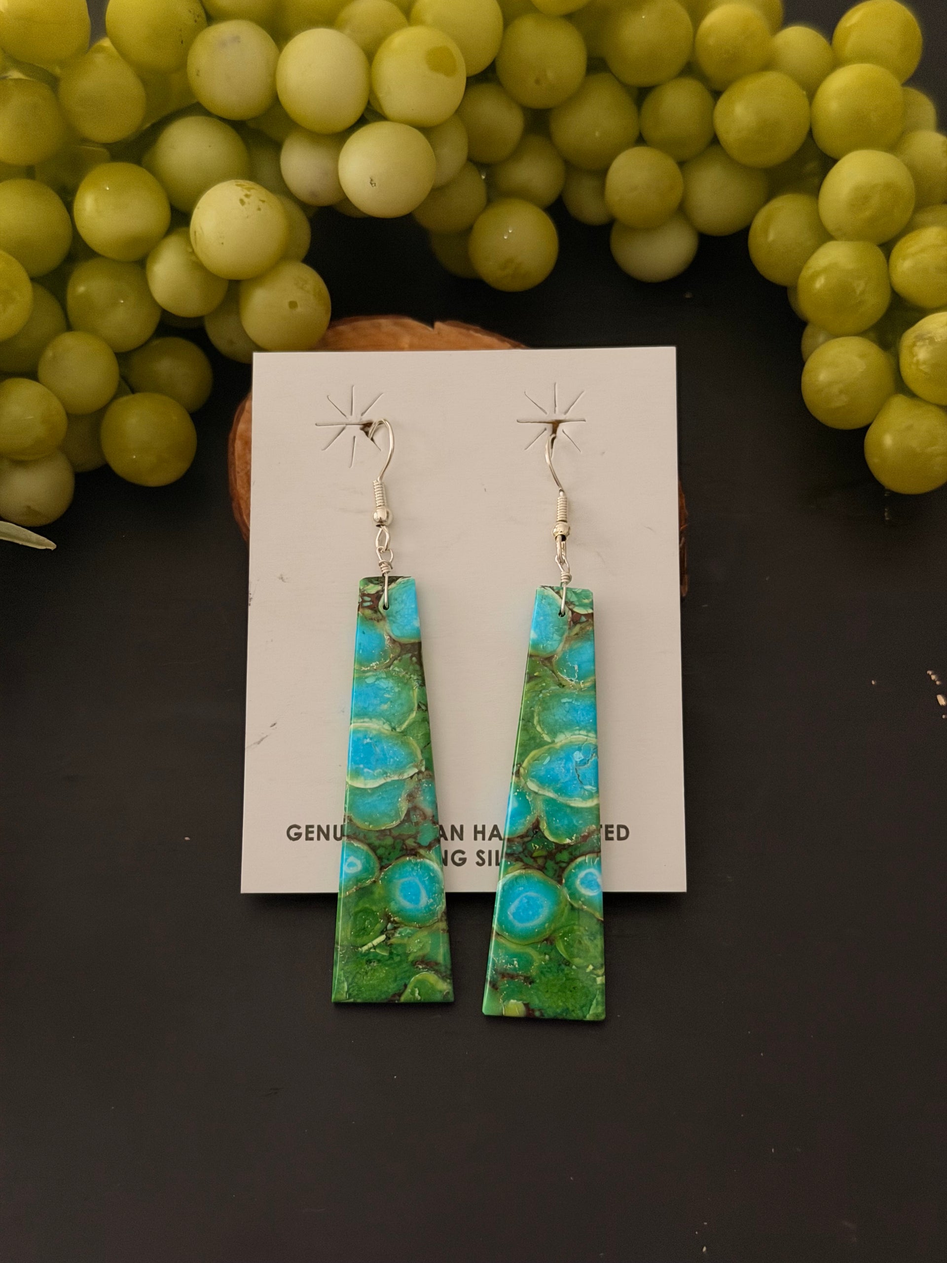 Navajo Made Green Mohave Turquoise & Sterling Silver Slab Dangle Earrings