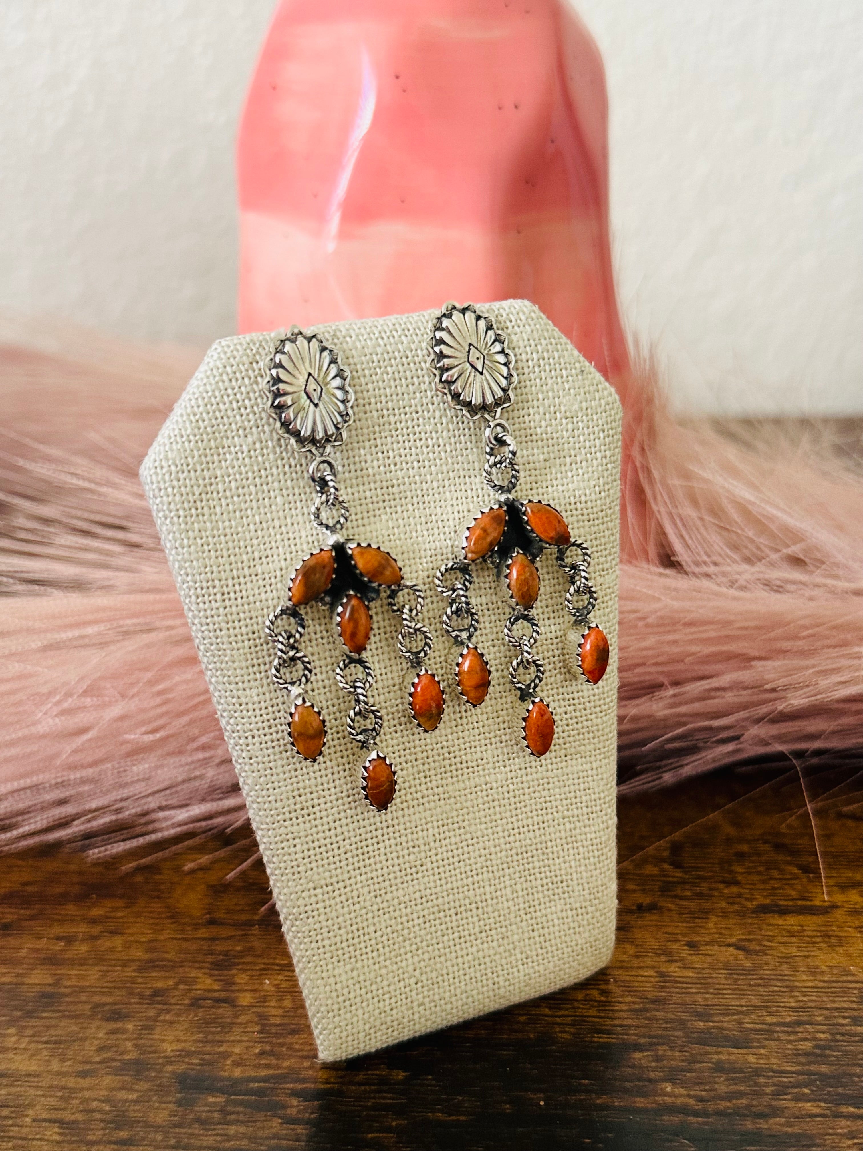 Southwest Handmade Apple Coral & Sterling Silver Post Dangle Earrings