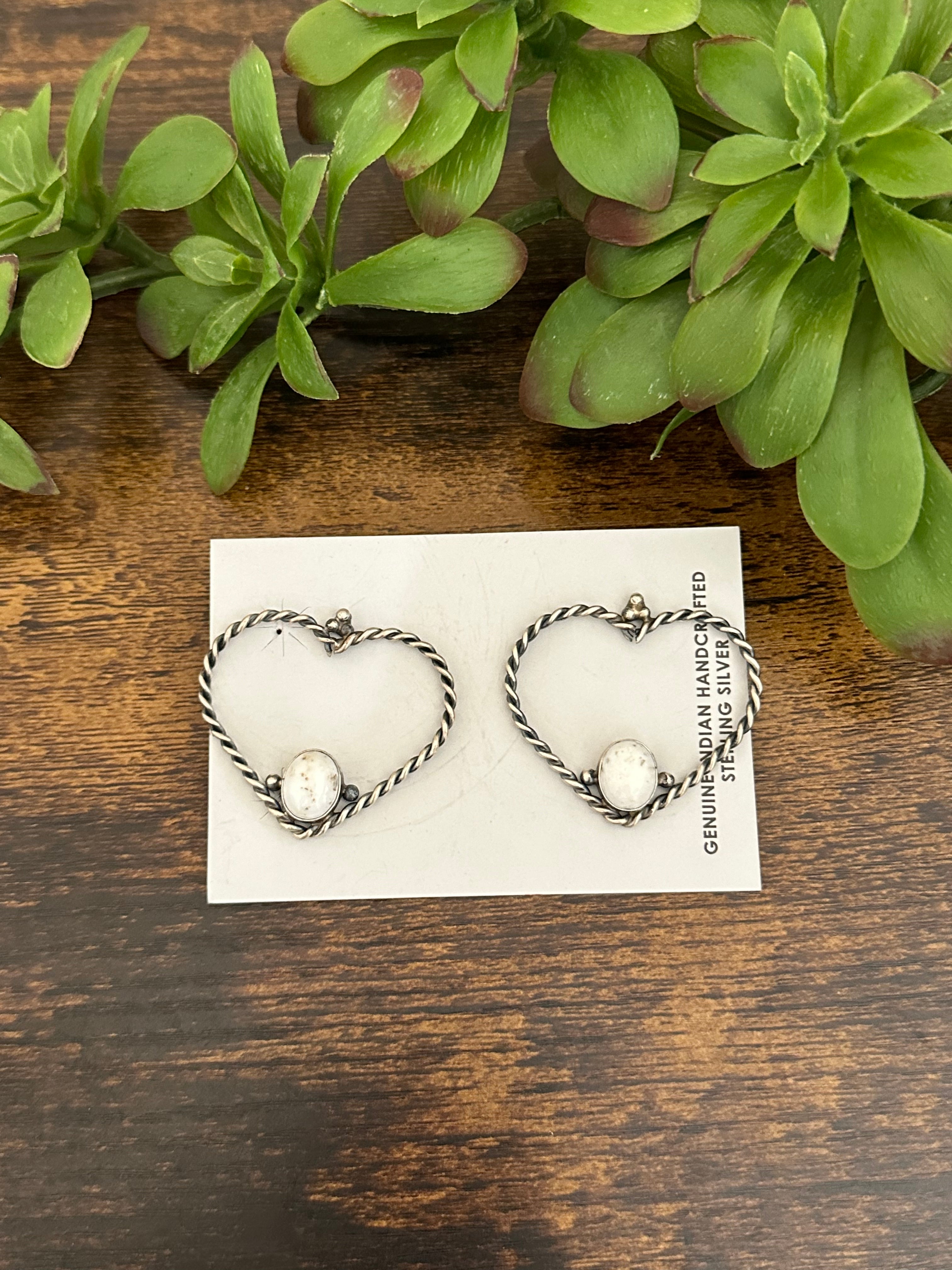 Navajo Made White Buffalo & Sterling Silver Heart Post Dangle Earrings