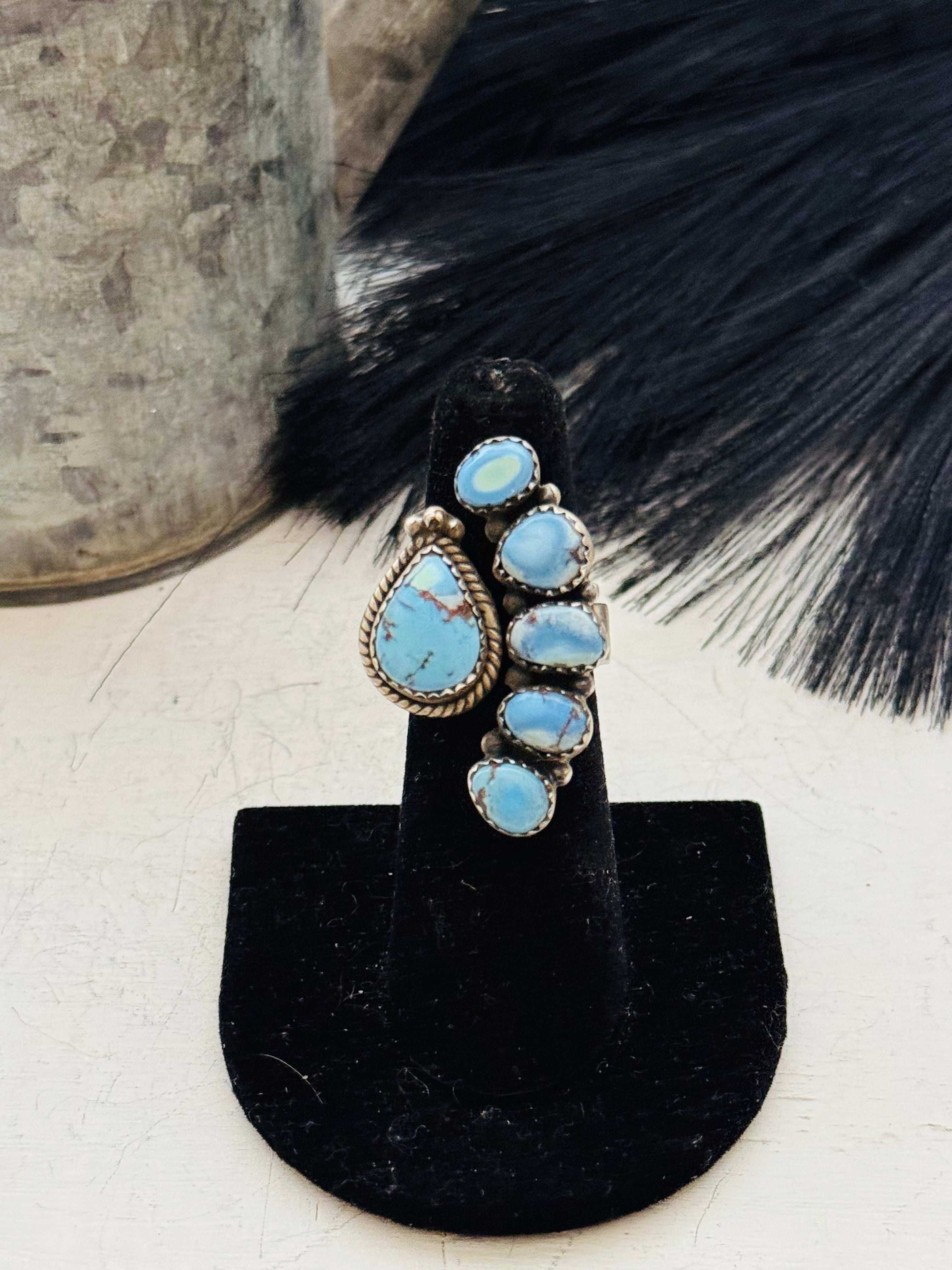 Southwest Handmade Golden Hills Turquoise & Sterling Silver Adjustable Cluster Ring