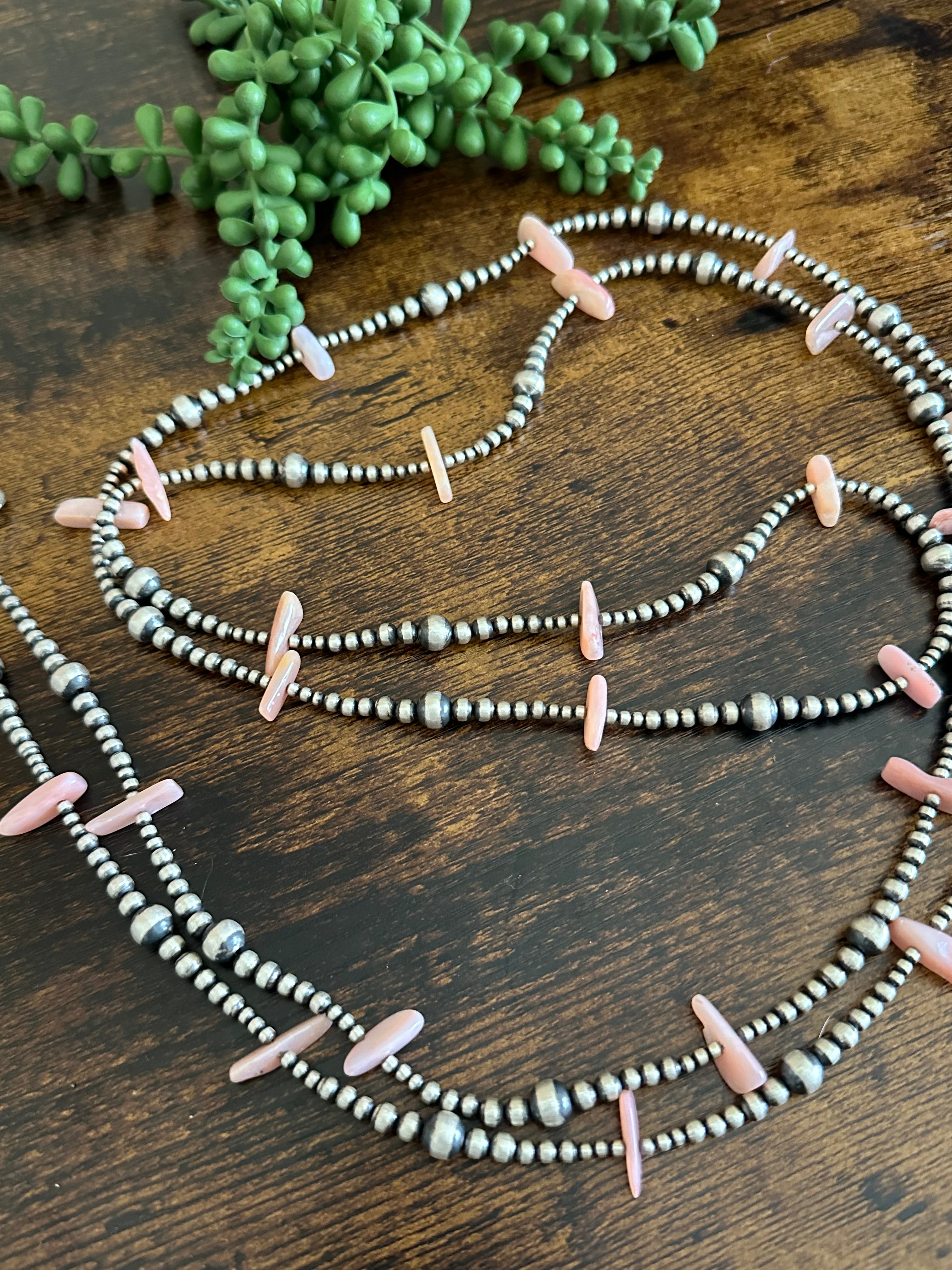 Navajo Strung Pink Peruvian Opal & Sterling Silver Graduated Pearls Beaded Necklace