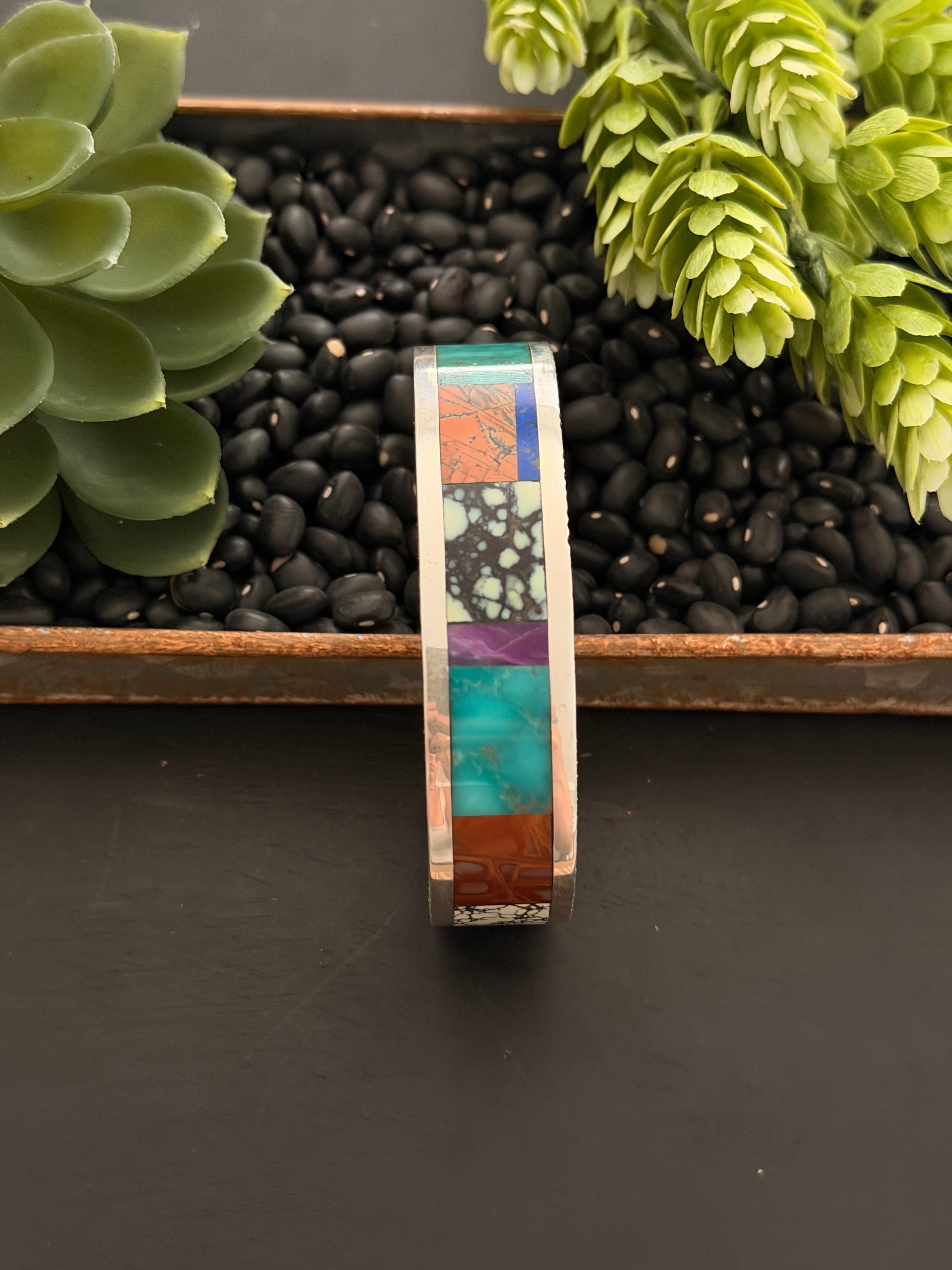 Steve Yellowhorse Multi Stone & Sterling Silver Inlay Cuff Bracelet