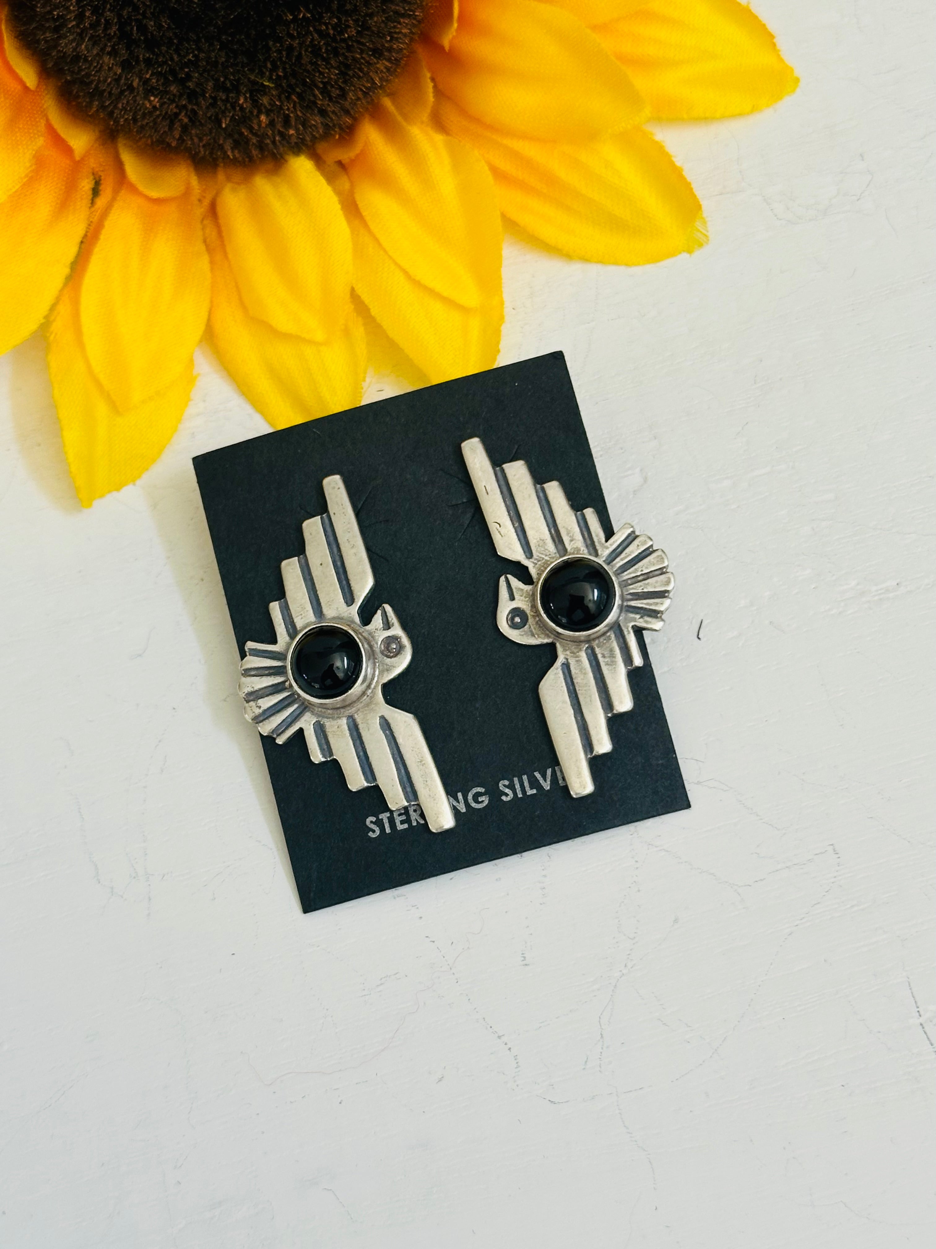 Navajo Handmade Onyx & Sterling Silver Post Thunderbird Earrings