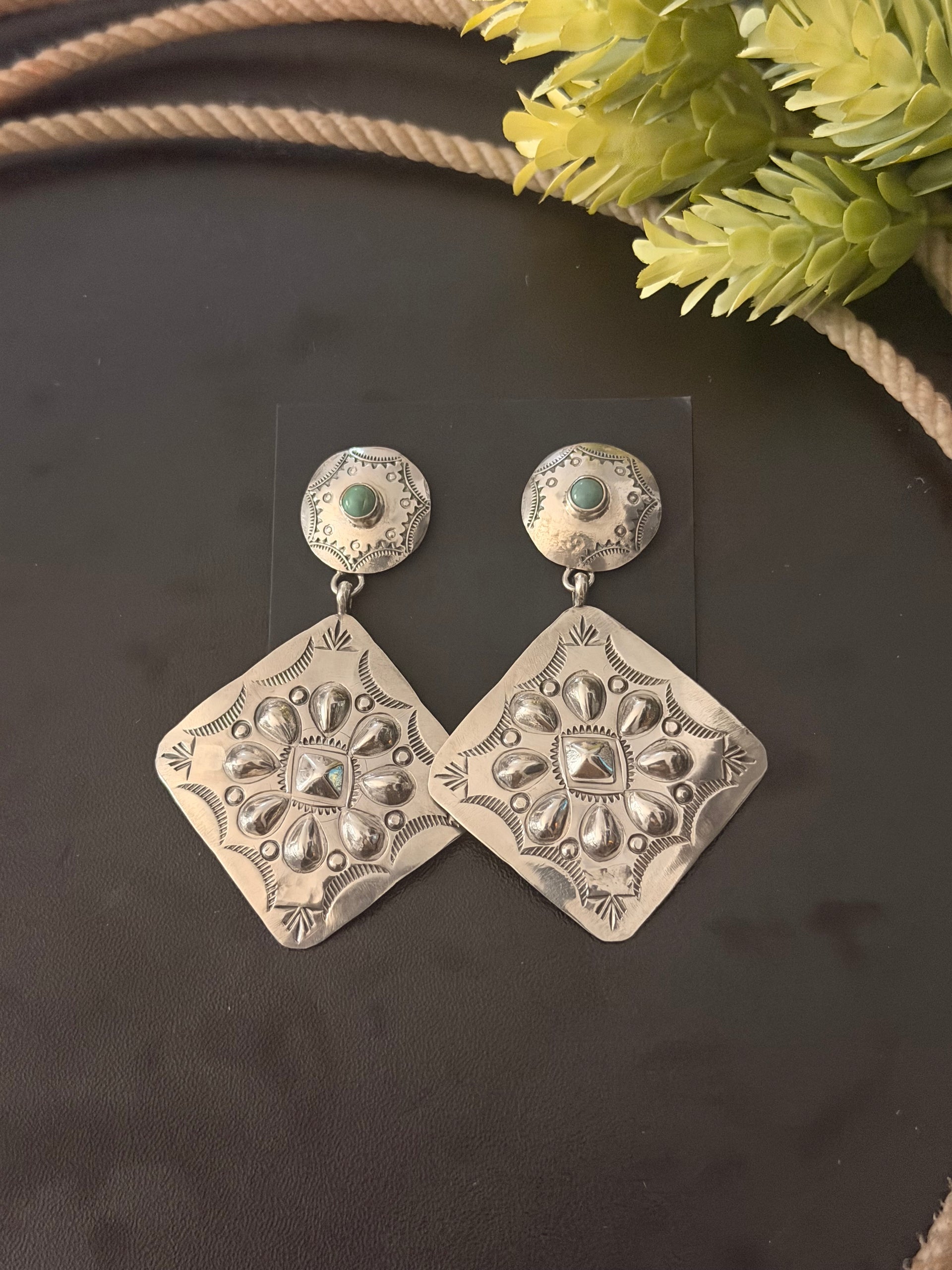 Navajo Made Kingman Turquoise & Sterling Silver Concho Post Dangle Earrings