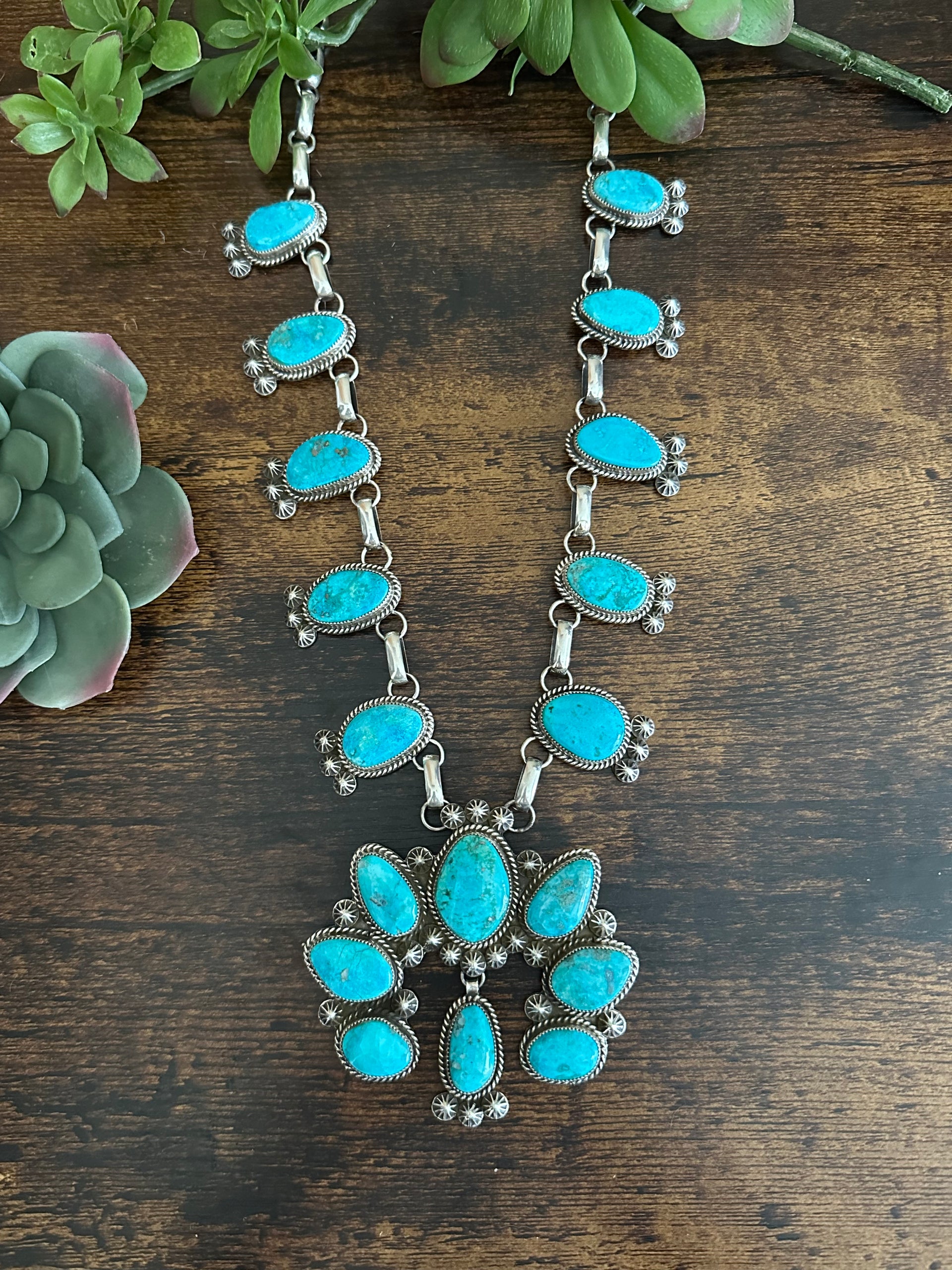 Chris Etsitty Cerrillos Turquoise & Sterling Silver Squash Naja Necklace