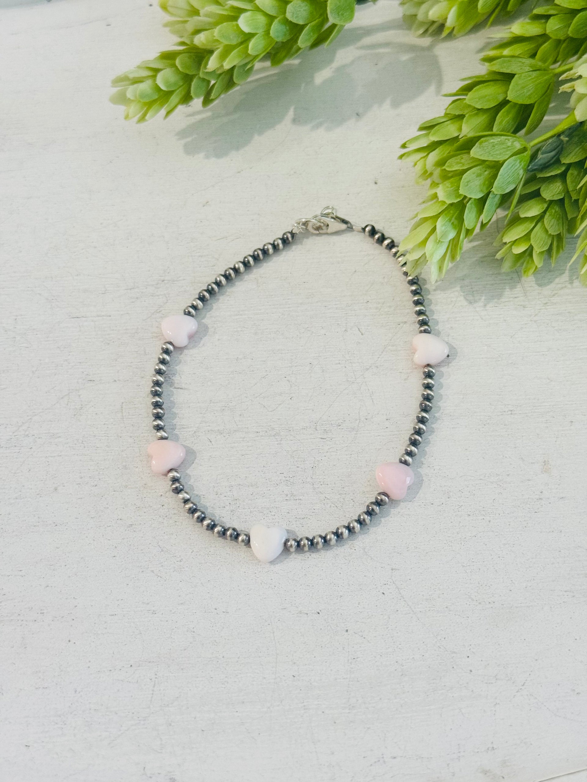 Southwest Strung Pink Conch & Sterling Silver Beaded Anklet