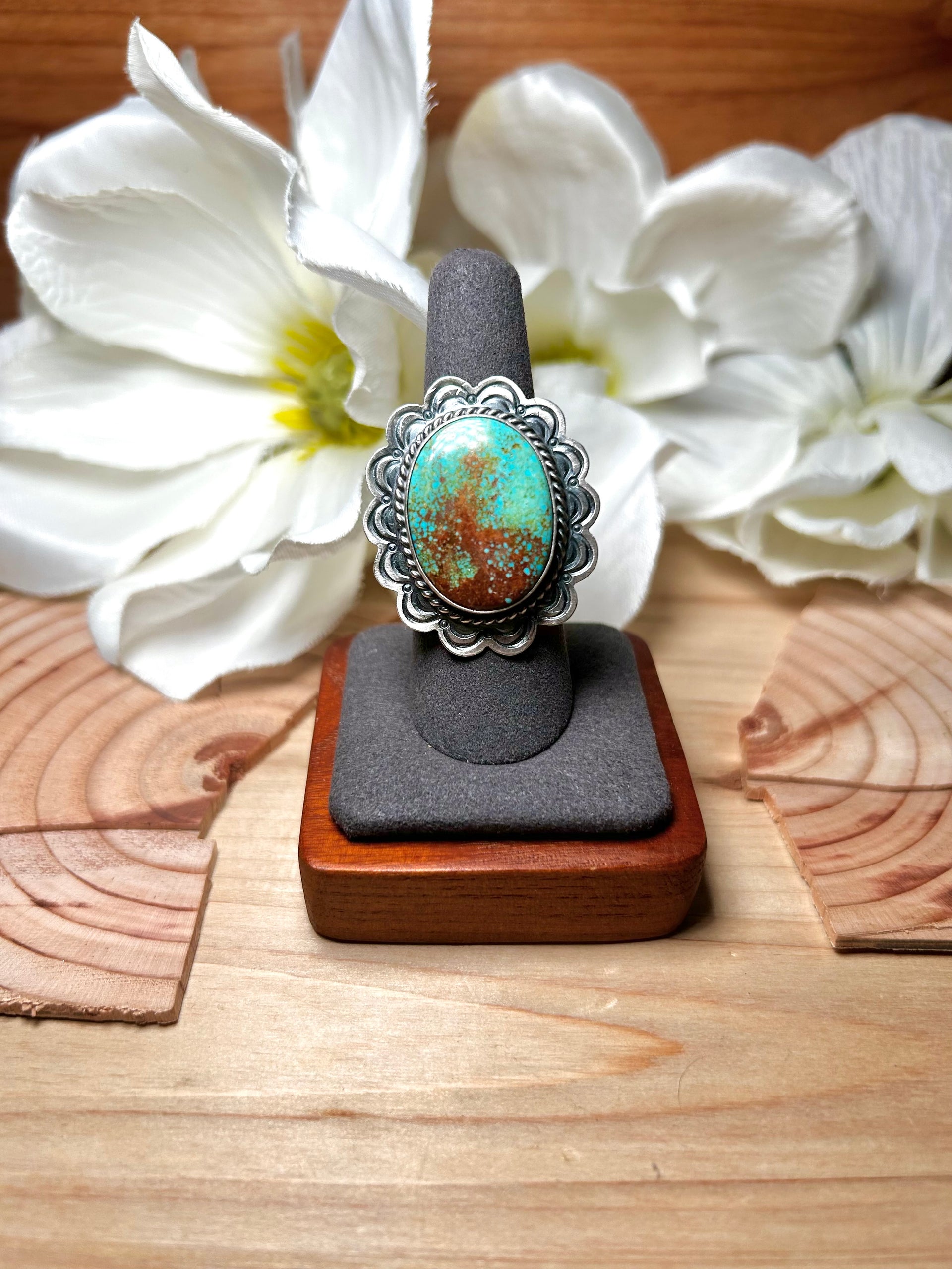 Navajo Made #8 Turquoise & Sterling Silver Ring Size 7.75