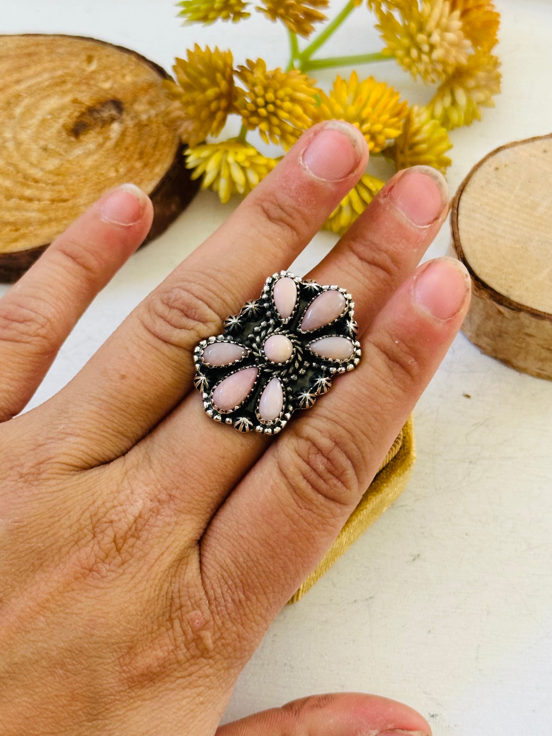 TTD “Sky Cascade” Peruvian Pink Opal & Sterling Silver Adjustable Cluster Ring