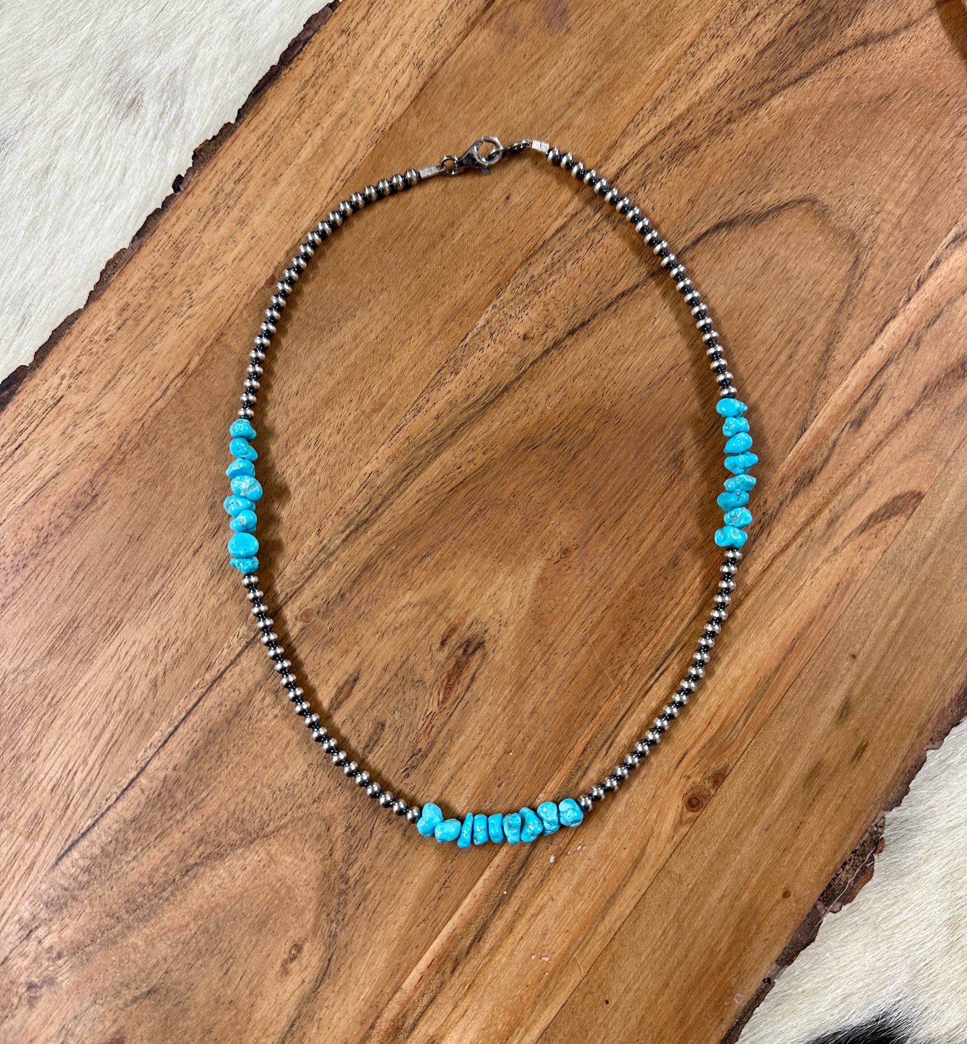 Navajo Strung Kingman Turquoise & Sterling Silver 4MM Beaded Pearl Necklace