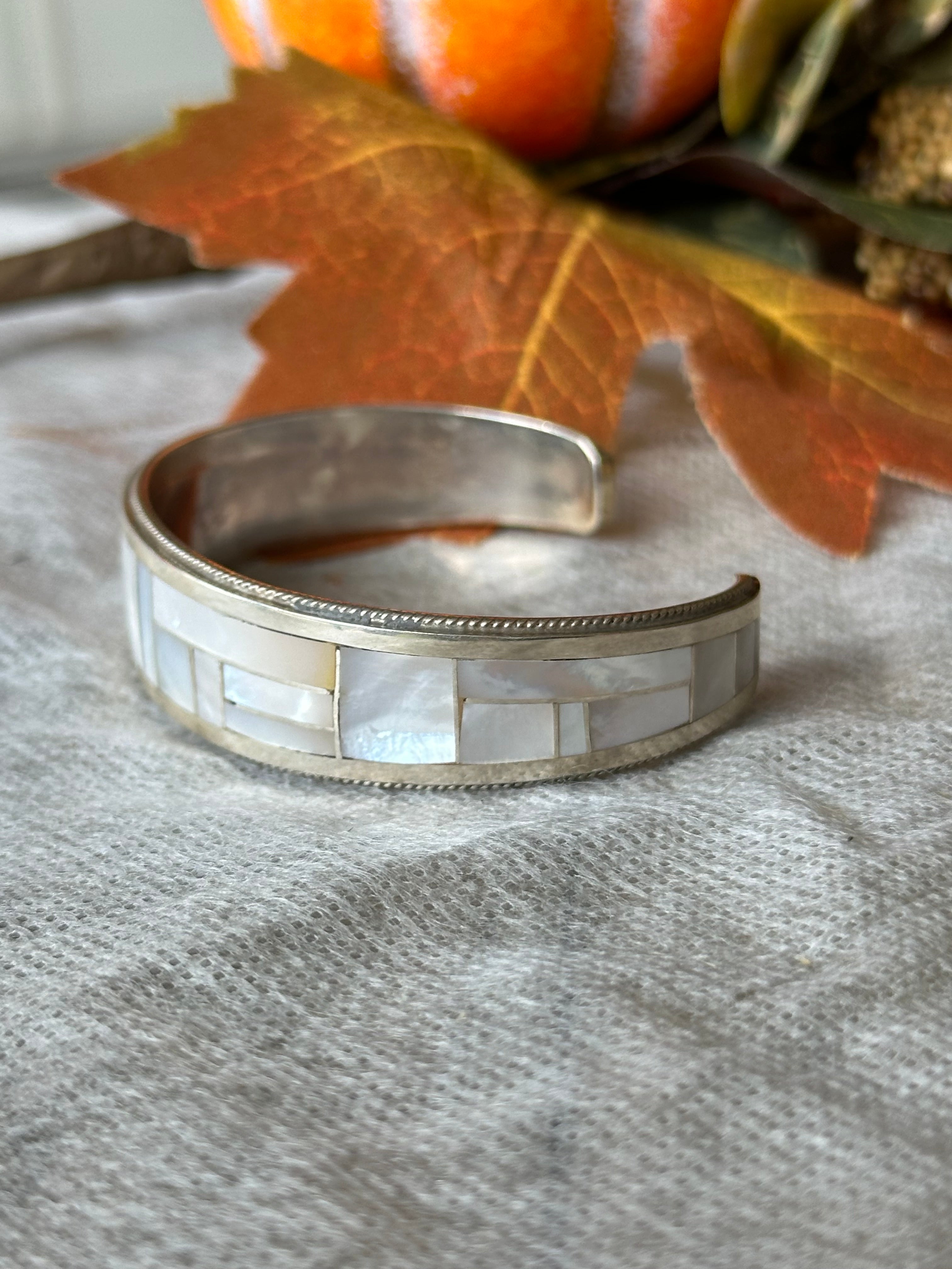 Navajo Made Mother of Pearl & Sterling Silver Inlay Cuff Bracelet