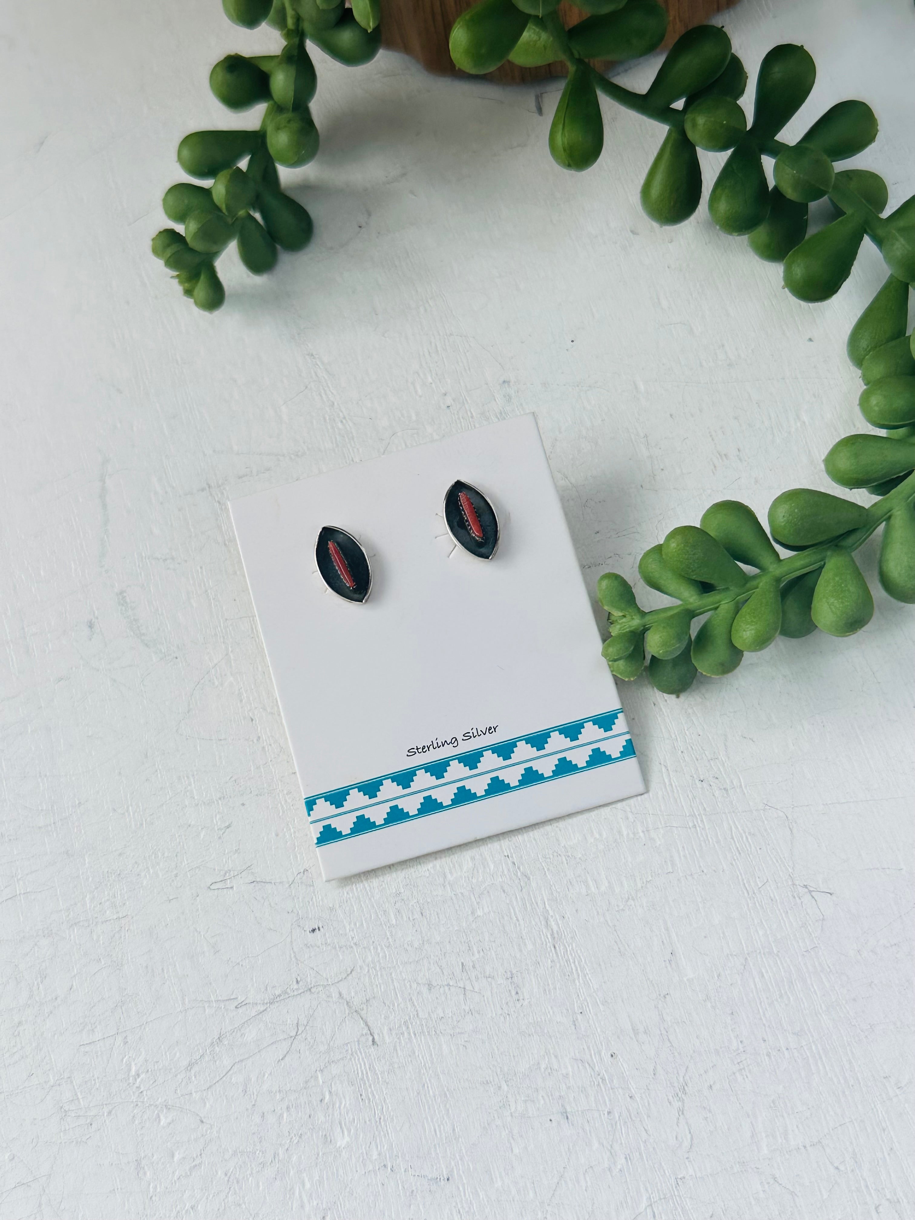 Navajo Made Mediterranean Coral & Sterling Silver Post Earrings