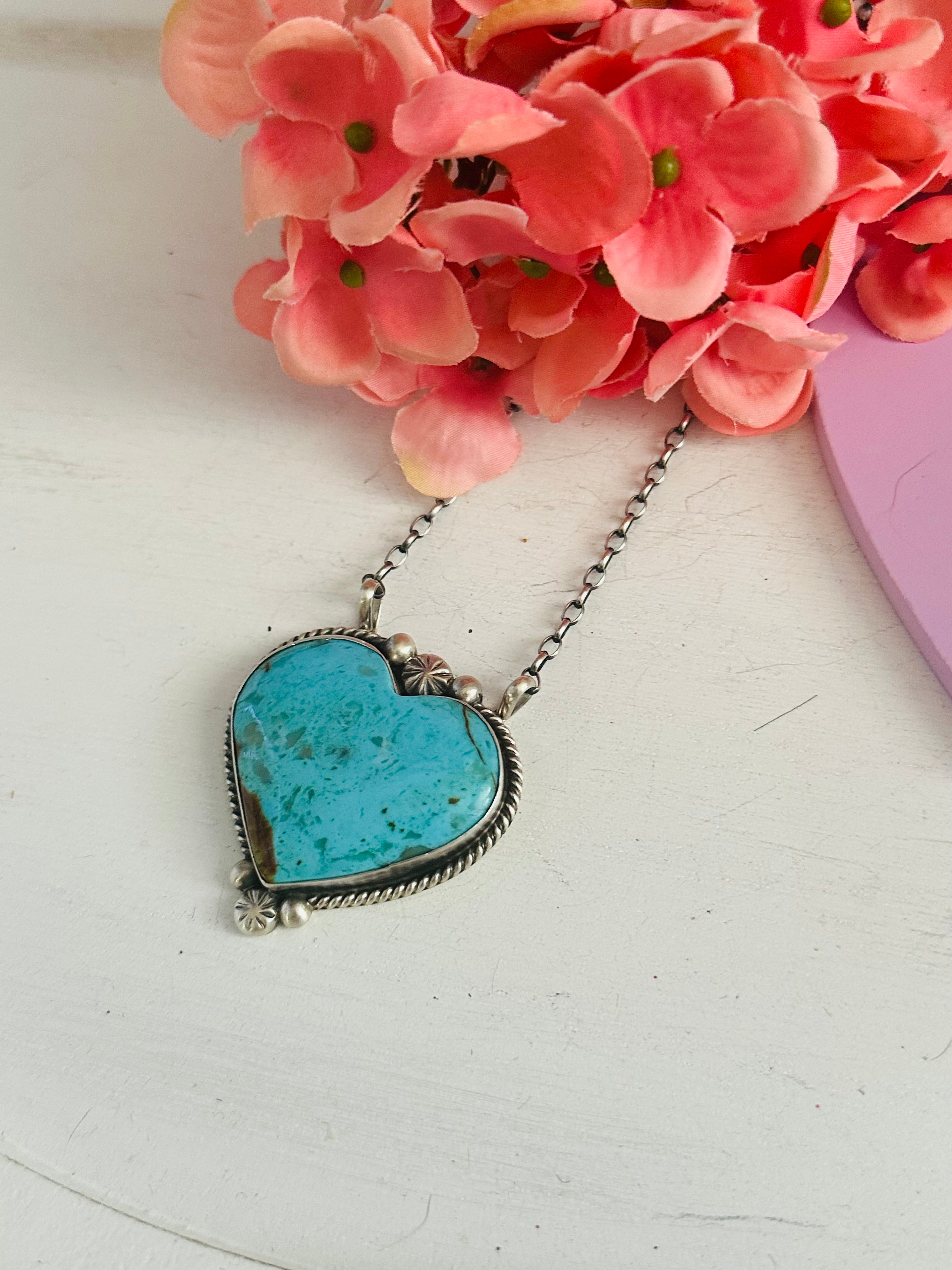 Alfred Martinez Kingman Turquoise & Sterling Silver Heart Necklace