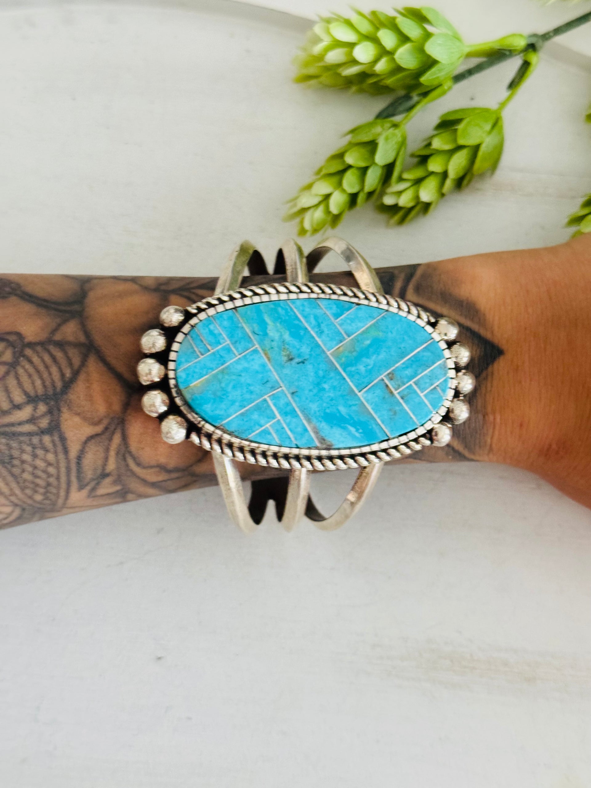 Navajo Made Kingman Turquoise & Sterling Silver Inlay Cuff Bracelet