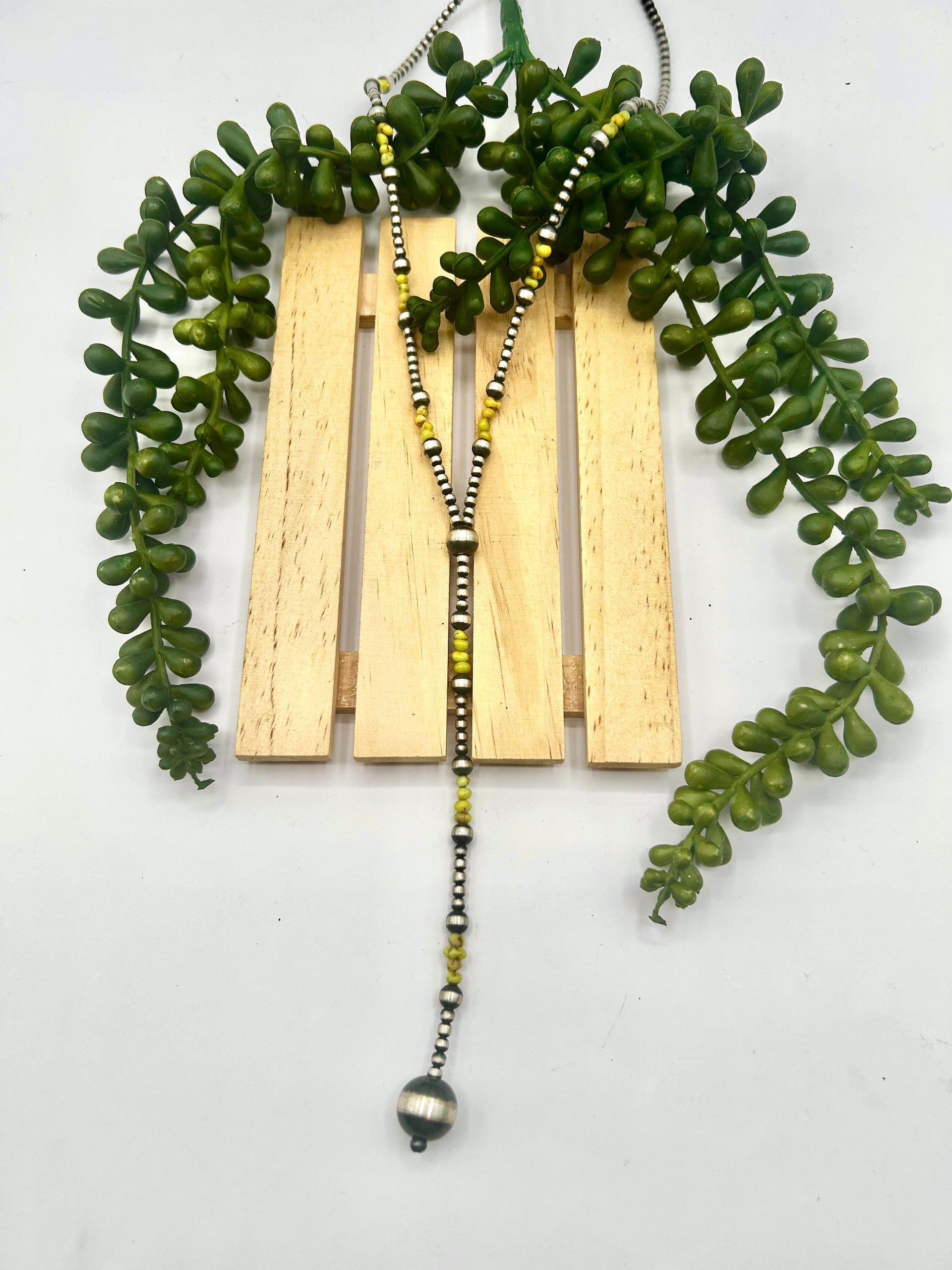 Navajo Made Strung Palomino Variscite & Sterling Silver Necklace