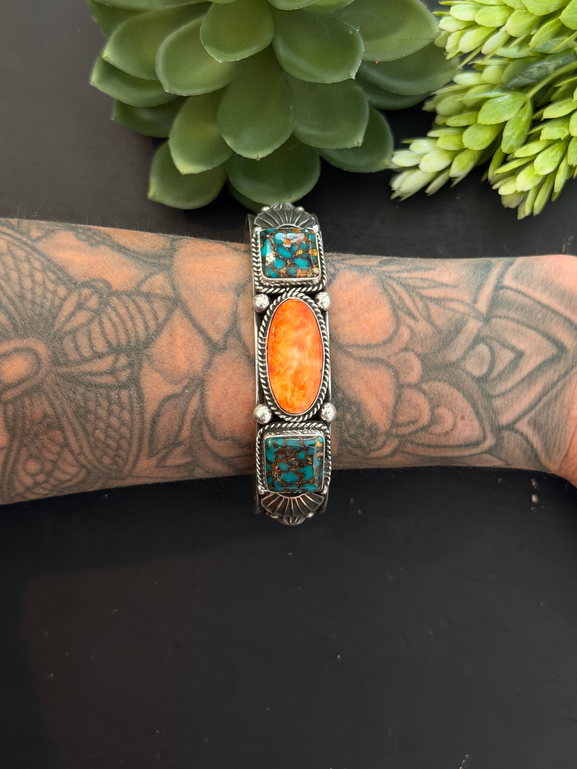 Navajo Made Multi Stone & Sterling Silver Cluster Cuff Bracelet