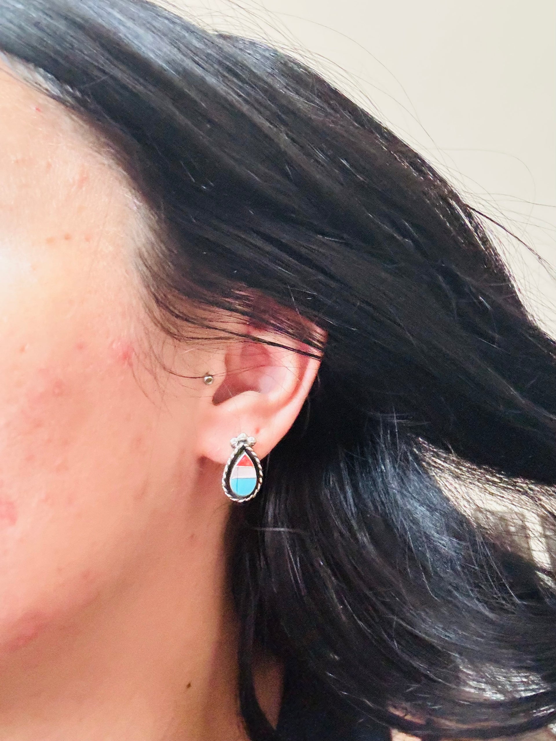 Zuni Made Multi Stone & Sterling Silver Post Inlay Shadowbox Earrings