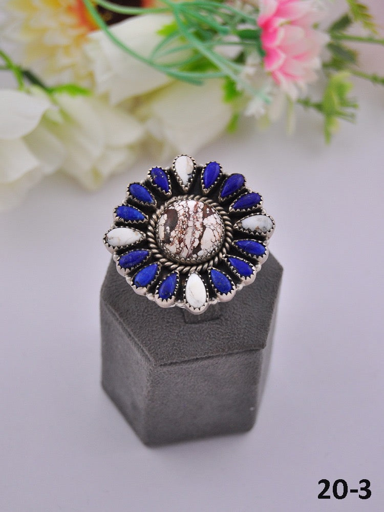 Southwest Made Multi Stone & Sterling Sliver Cluster Adjustable Ring