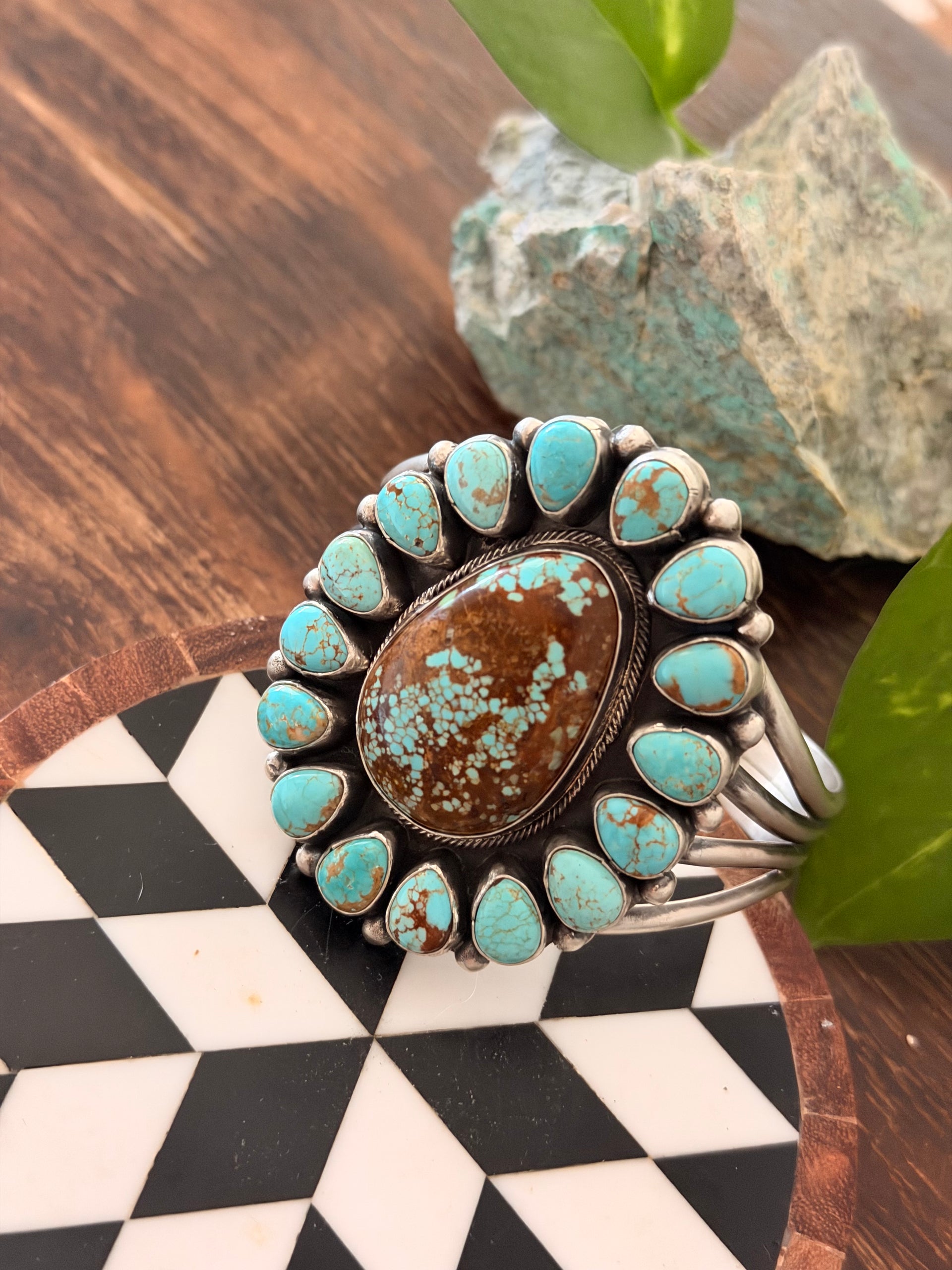 Bobby Johnson Mine 8 Turquoise & Sterling Silver Cluster Cuff Bracelet