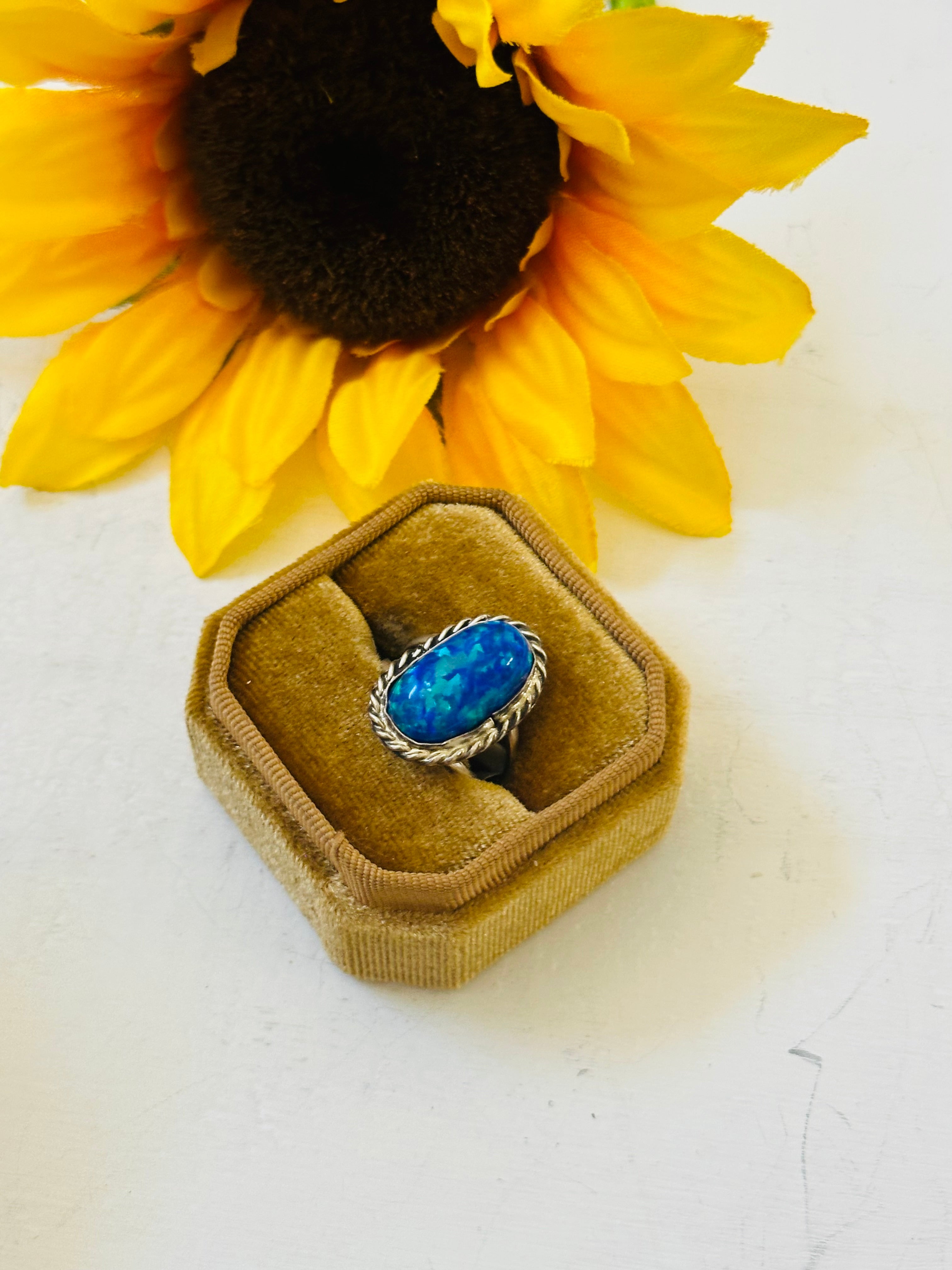 Navajo Made Blue Opal & Sterling Silver Ring Size 7.5