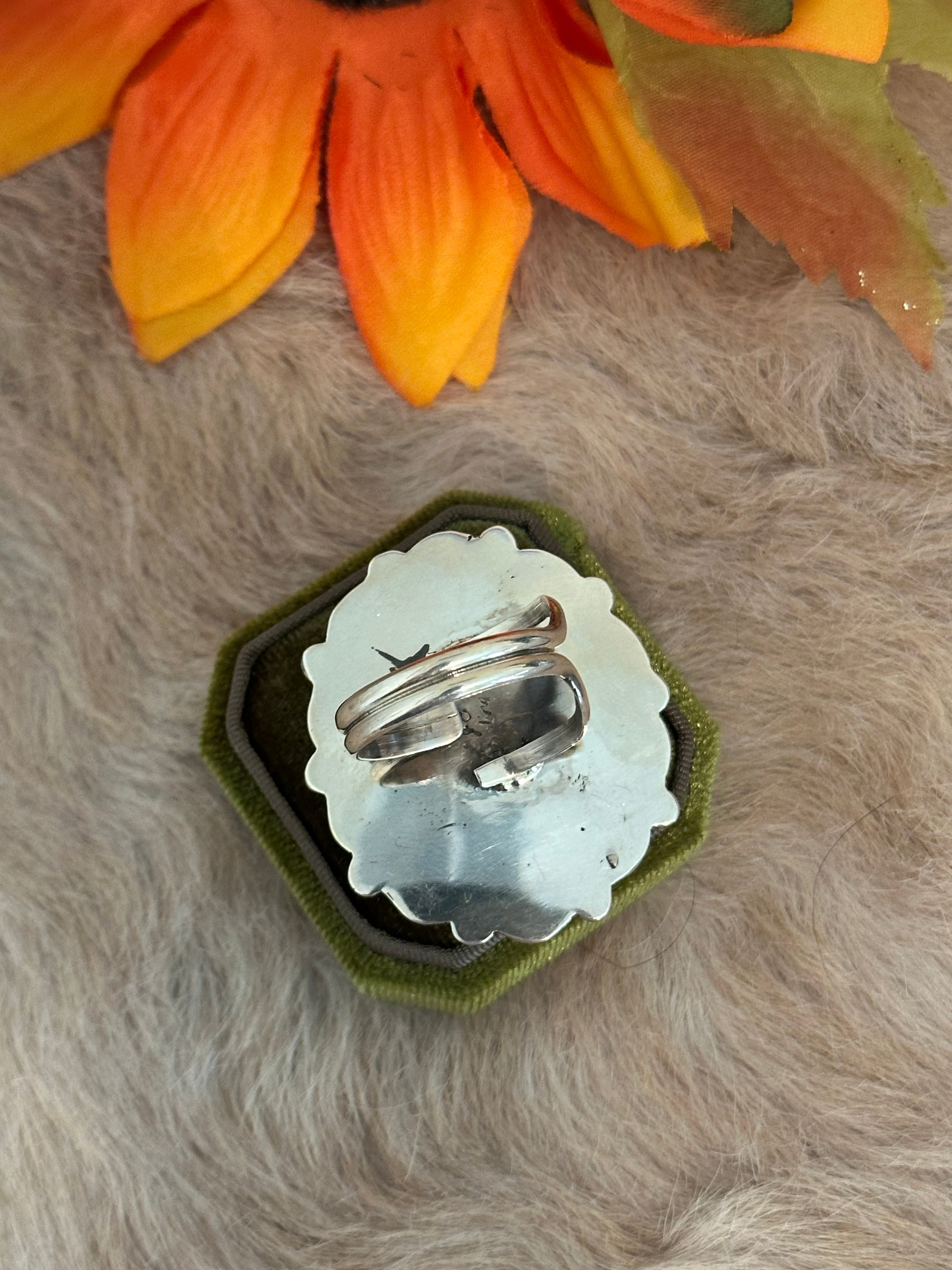 Navajo Handmade White Buffalo & Sterling Silver Adjustable Cluster Ring