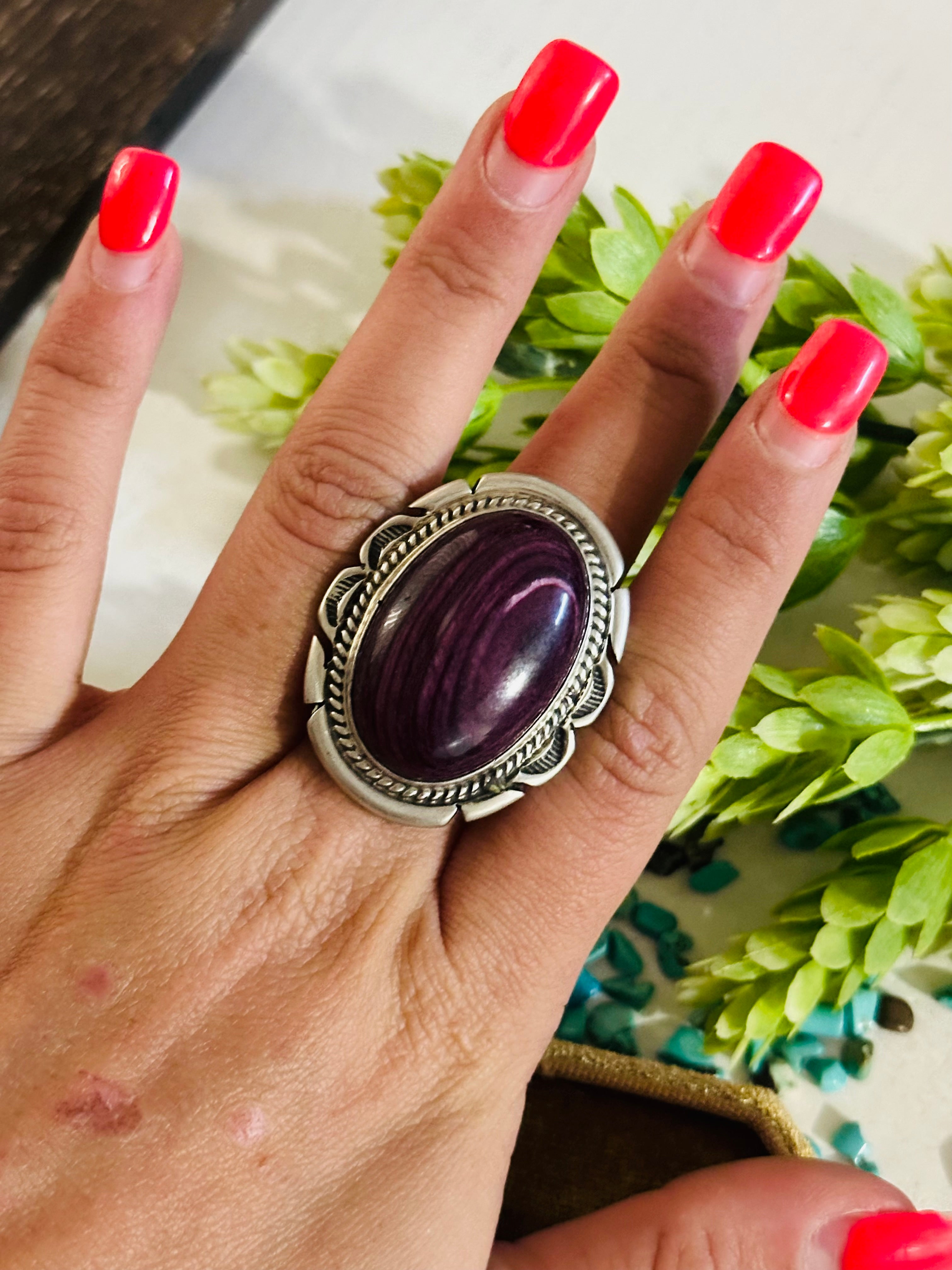 Navajo Made Purple Spiny Oyster & Sterling Silver Ring Size 9.5